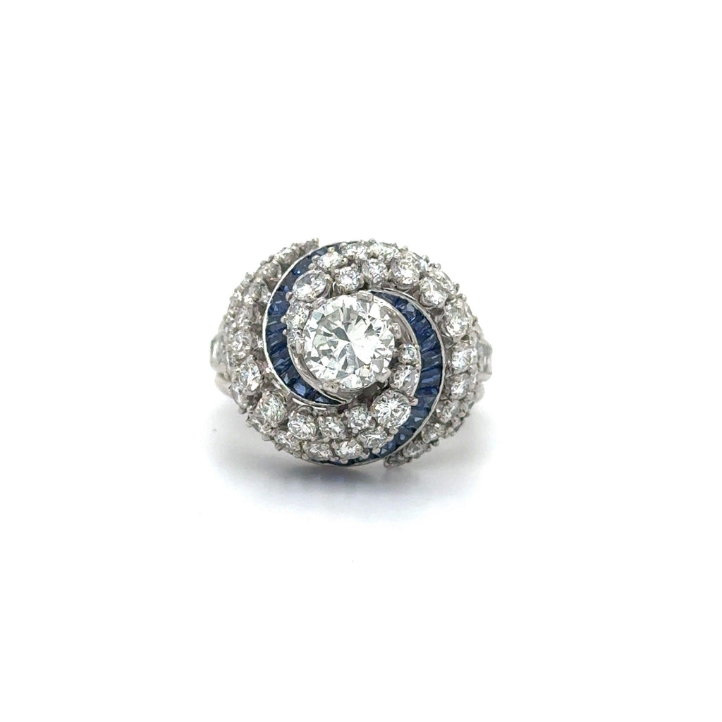 Art Deco Diamond & Sapphire Swirling Ballerina Ring Platinum 4.50 Carat