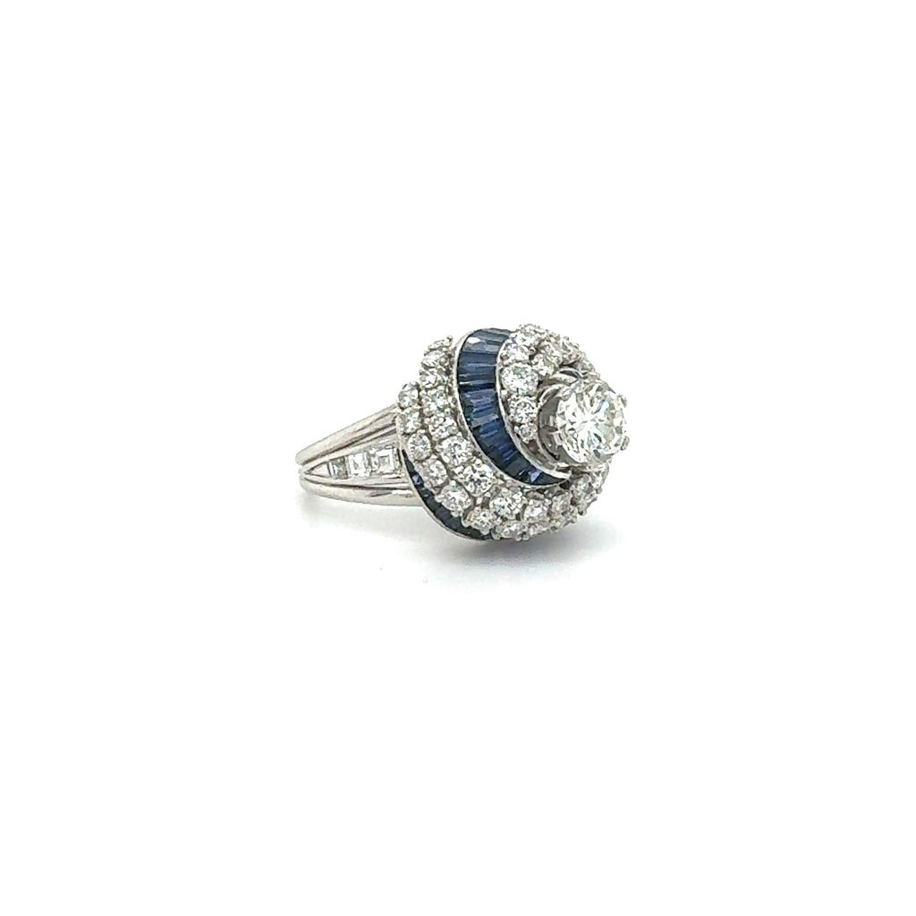 Art Deco Diamond & Sapphire Swirling Ballerina Ring Platinum 4.50 Carat