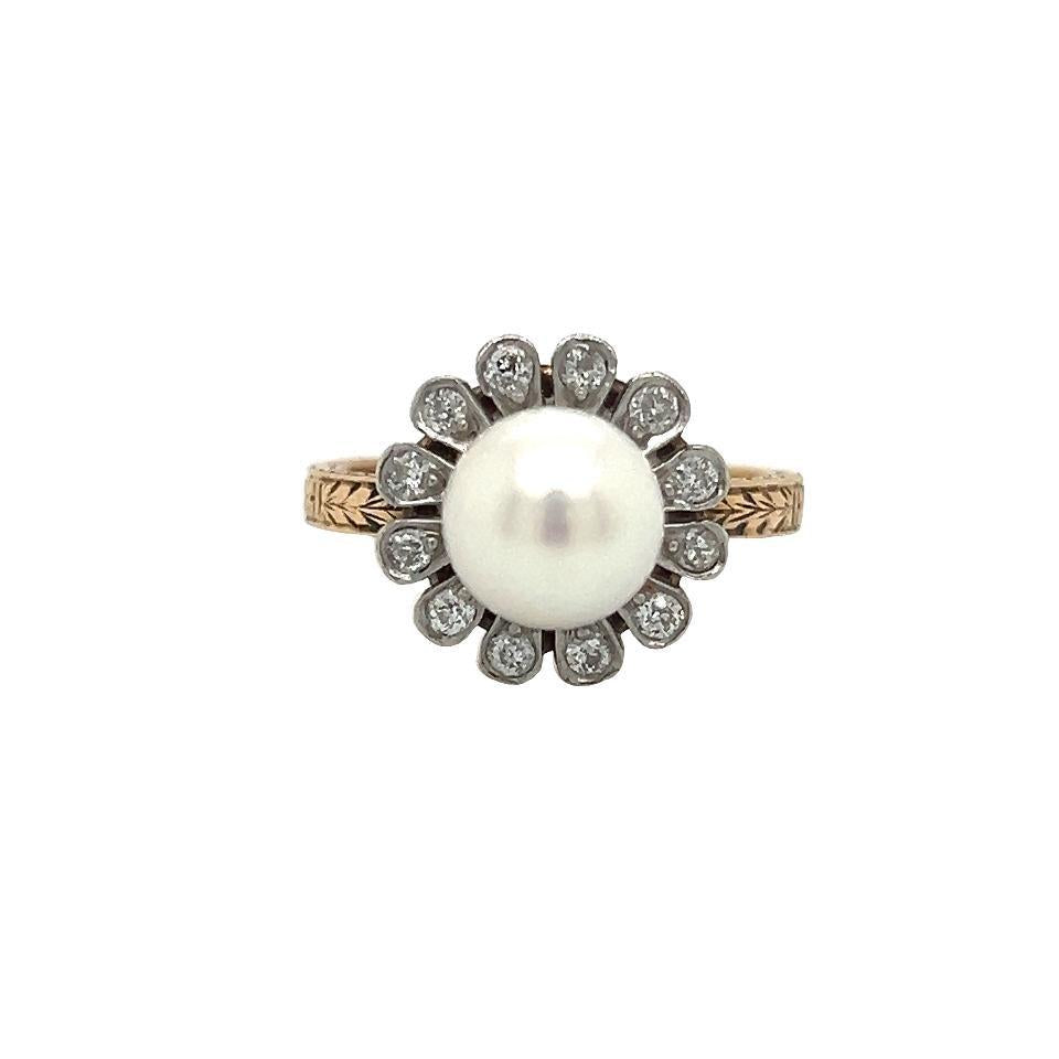 Art Deco Natural Pearl & Diamond Floral Ring Filigree Detail