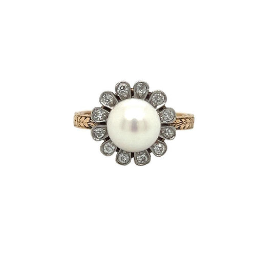 Art Deco Natural Pearl & Diamond Floral Ring Filigree Detail