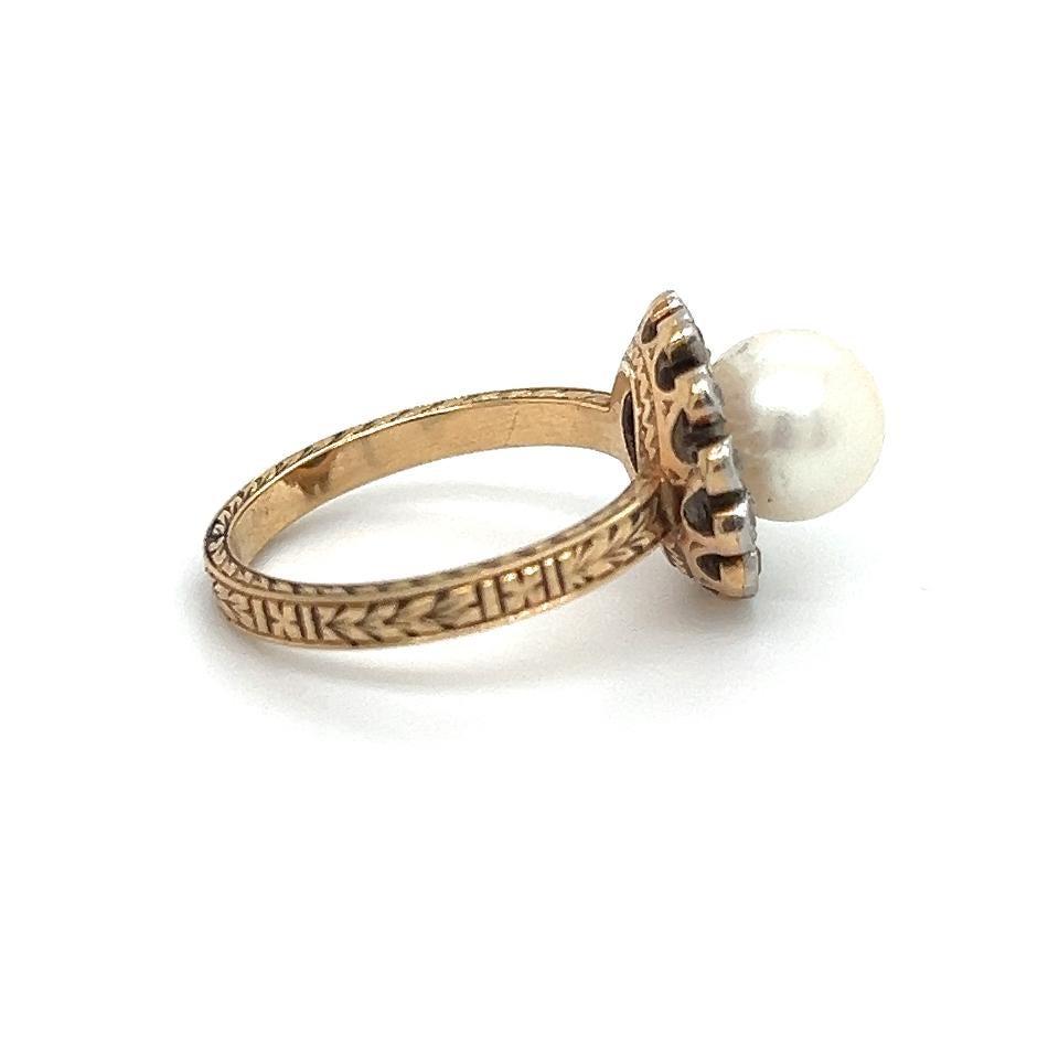 Art Deco Natural Pearl & Diamond Floral Ring Filigree Detail