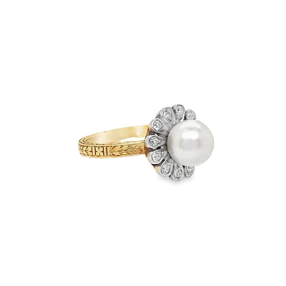 Art Deco Natural Pearl & Diamond Floral Ring Filigree Detail
