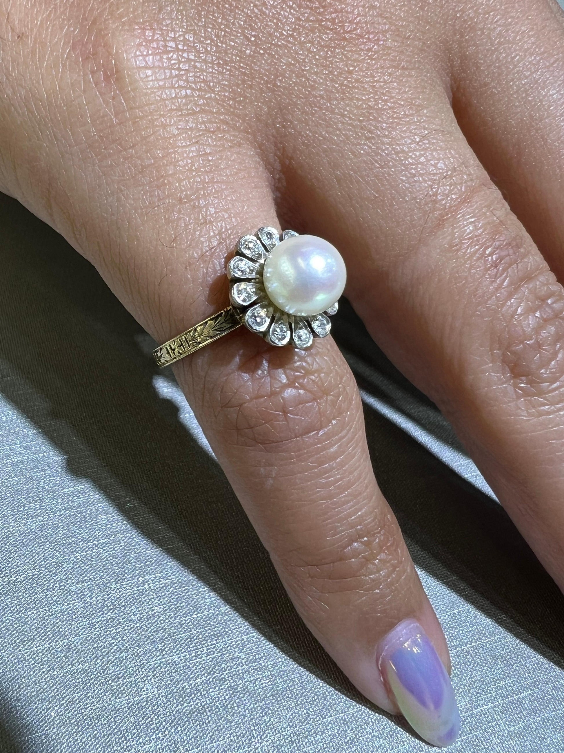Art Deco Natural Pearl & Diamond Floral Ring Filigree Detail
