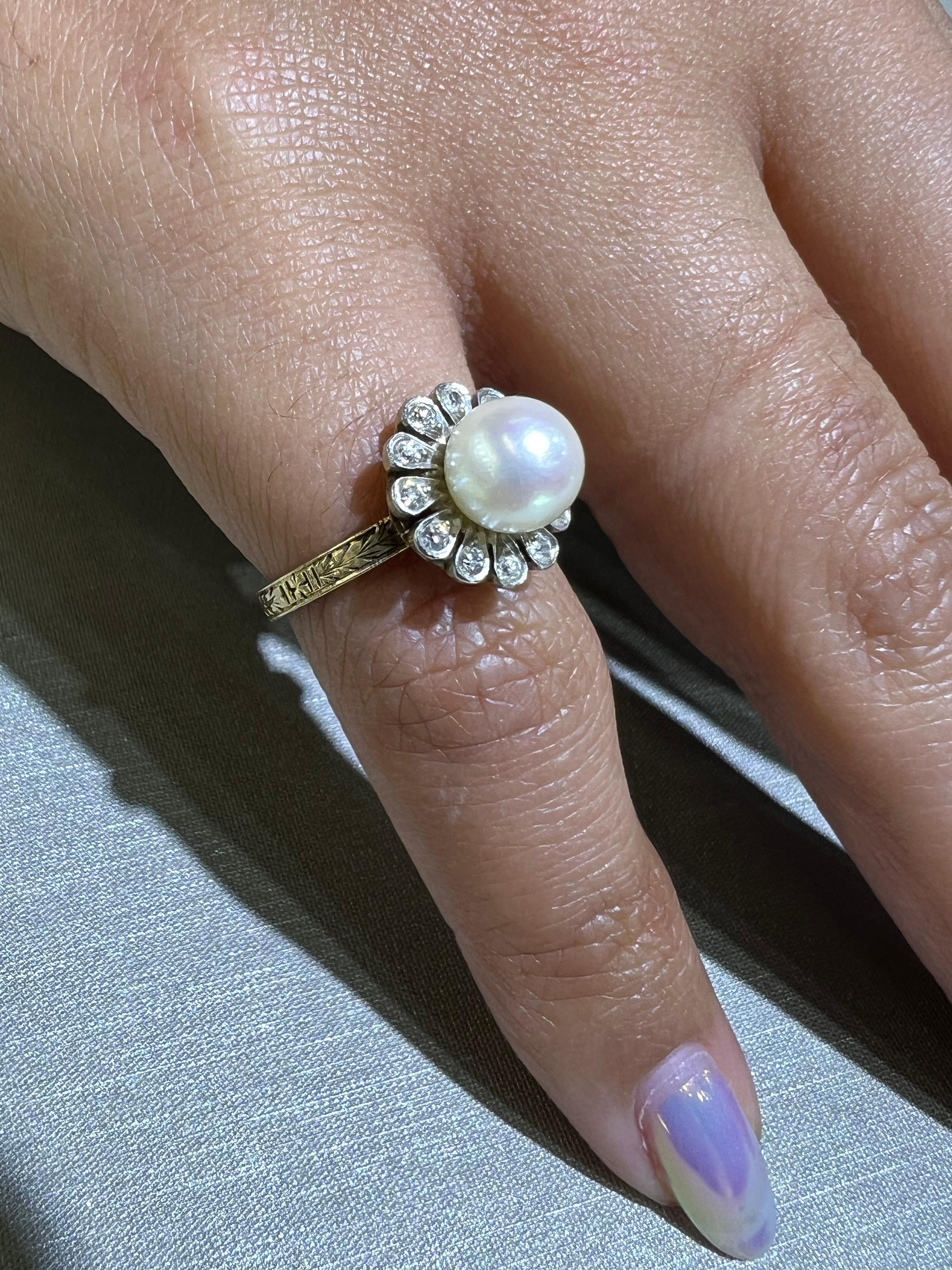 Art Deco Natural Pearl & Diamond Floral Ring Filigree Detail