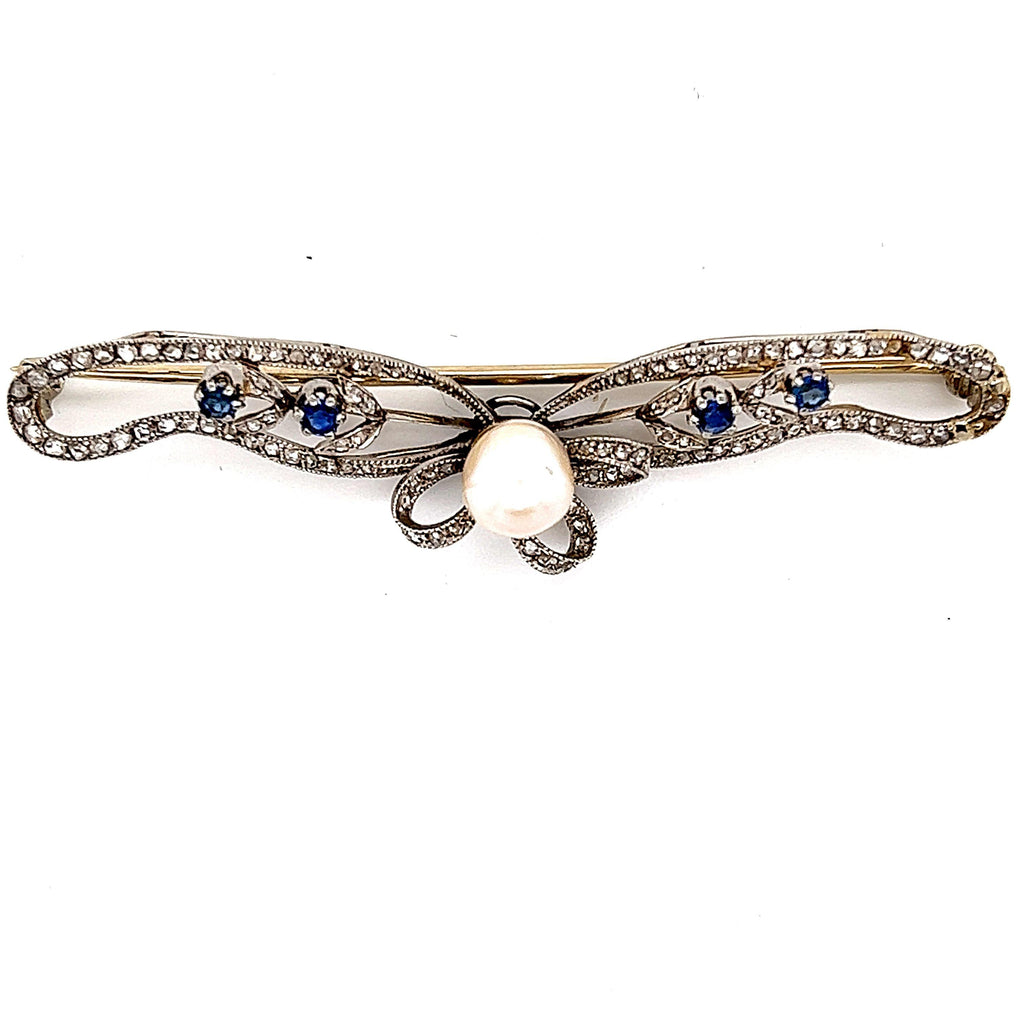Belle Epoque Platinum Ribbon Brooch with Pearl Diamonds & Sapphires