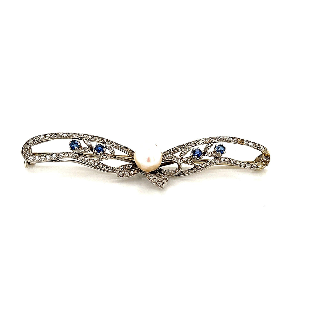 Belle Epoque Platinum Ribbon Brooch with Pearl Diamonds & Sapphires