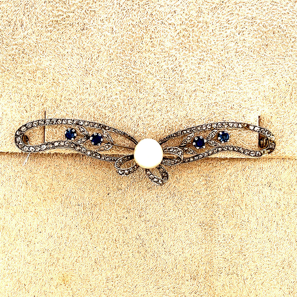 Belle Epoque Platinum Ribbon Brooch with Pearl Diamonds & Sapphires