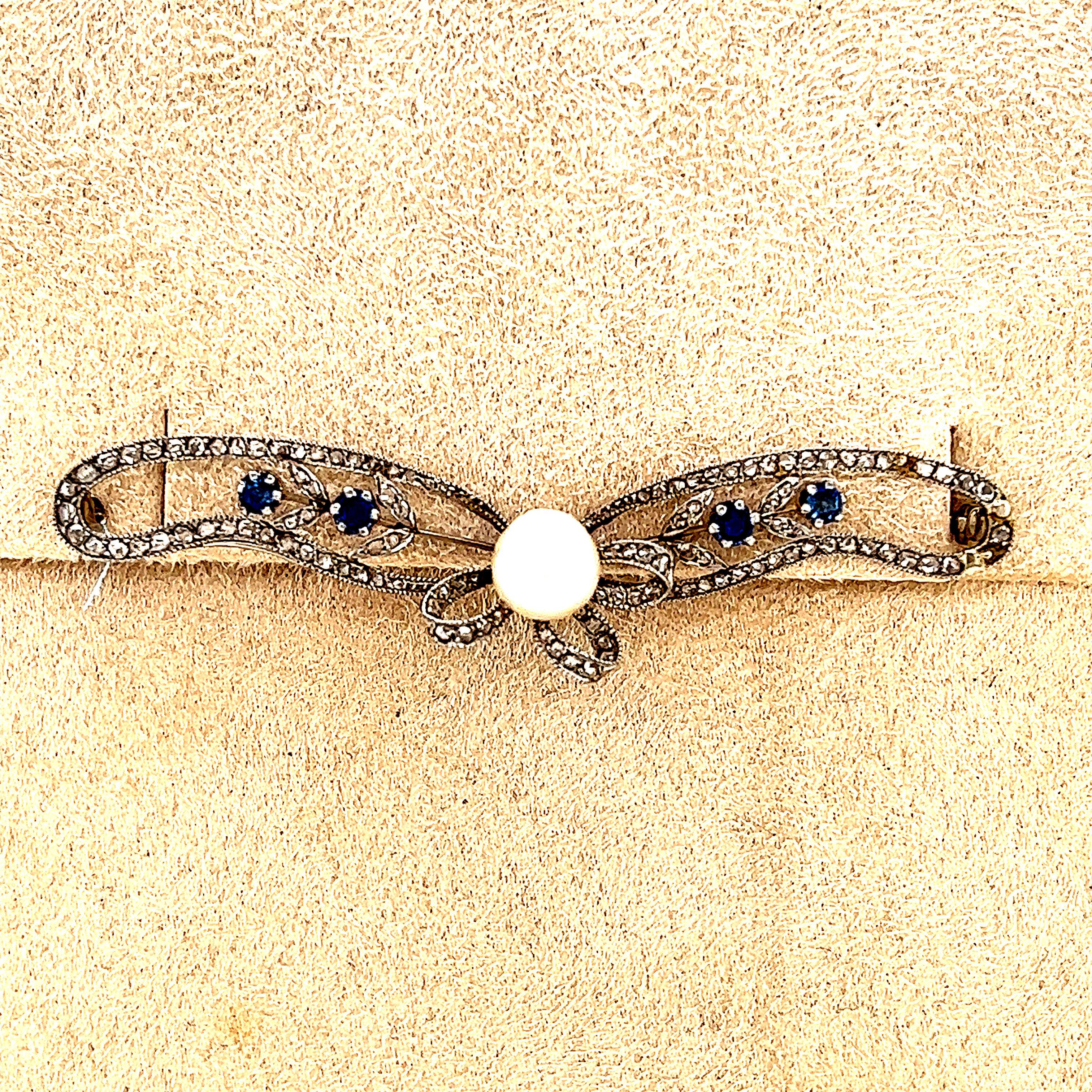 Belle Epoque Platinum Ribbon Brooch with Pearl Diamonds & Sapphires