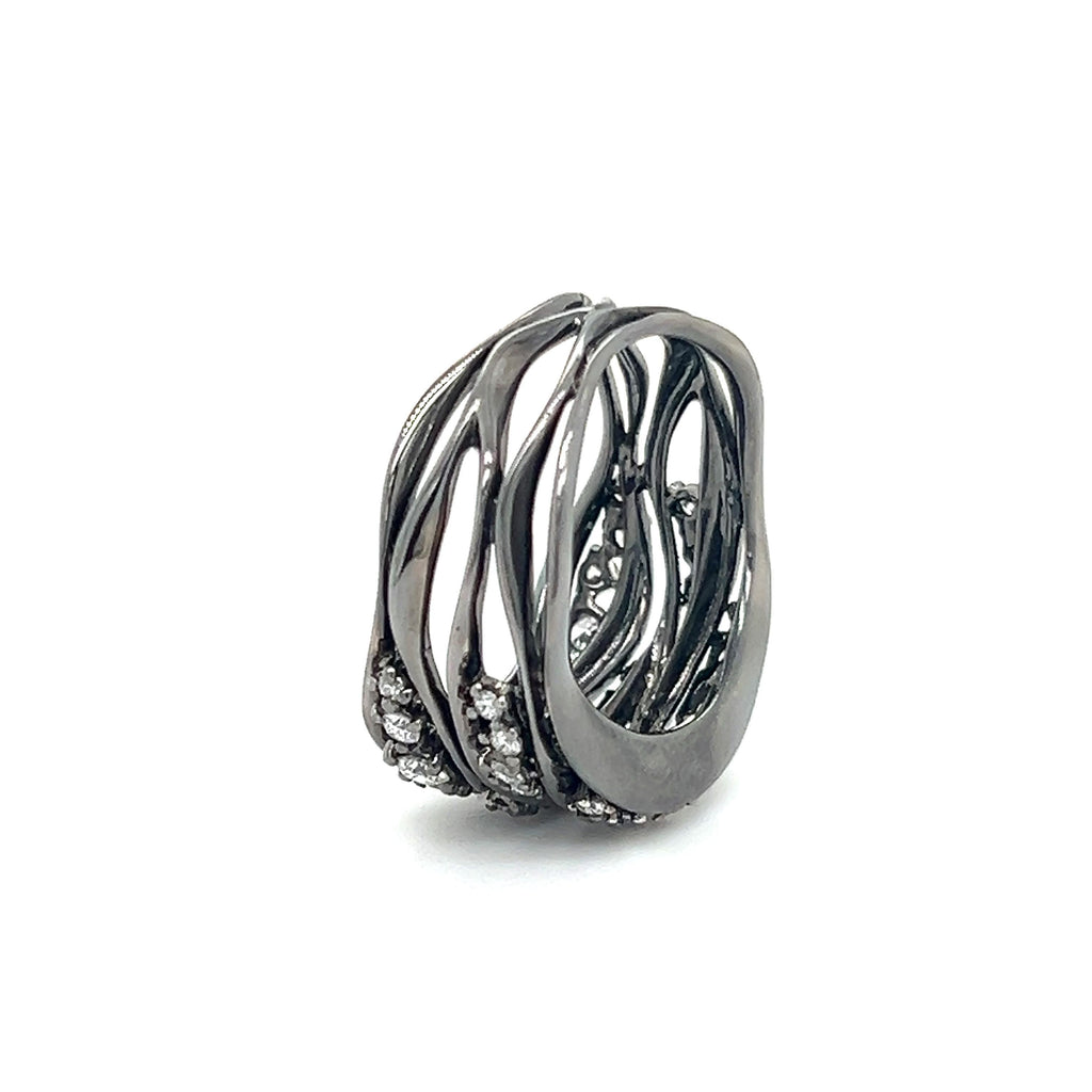 Black Rhodium Diamond Open Work Wave Design Ring 18k