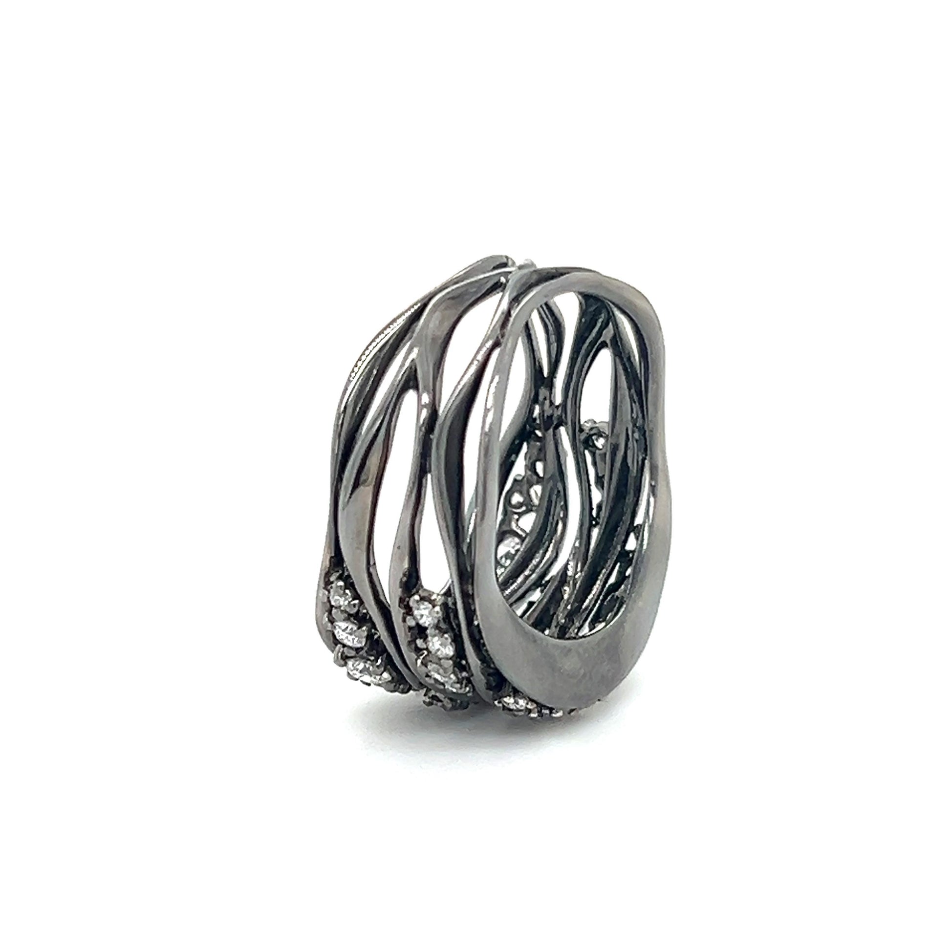 Black Rhodium Diamond Open Work Wave Design Ring 18k