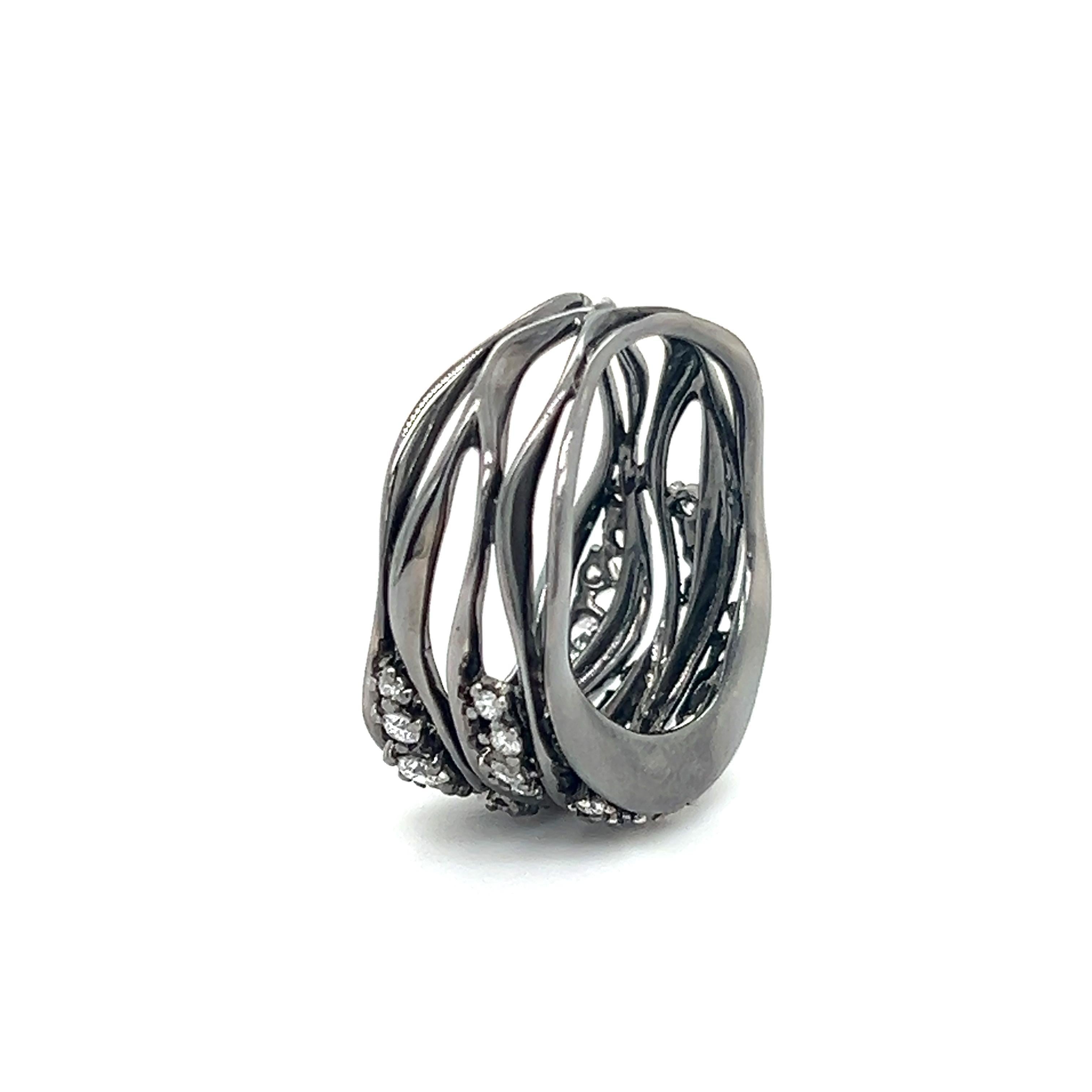 Black Rhodium Diamond Open Work Wave Design Ring 18k
