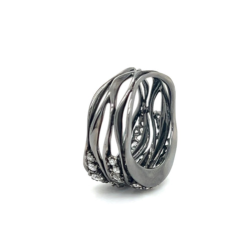 Black Rhodium Diamond Open Work Wave Design Ring 18k
