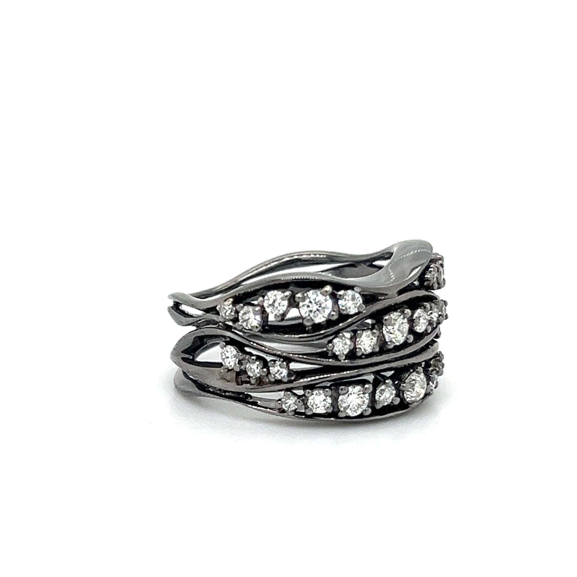 Black Rhodium Diamond Open Work Wave Design Ring 18k