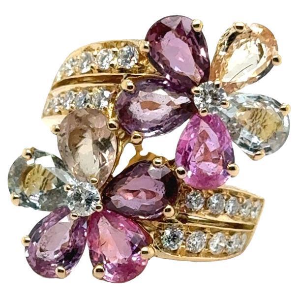 Bulgari Fancy Color Sapphire & Diamond 18k Yellow Gold Flower Cocktail Ring
