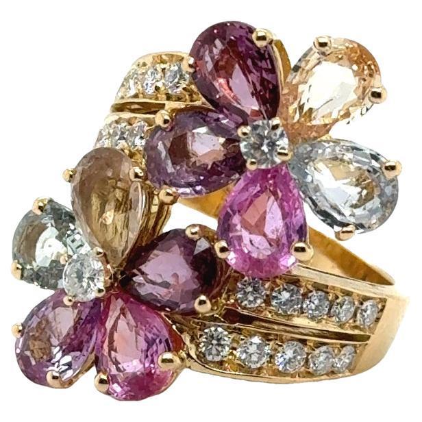 Bulgari Fancy Color Sapphire & Diamond 18k Yellow Gold Flower Cocktail Ring