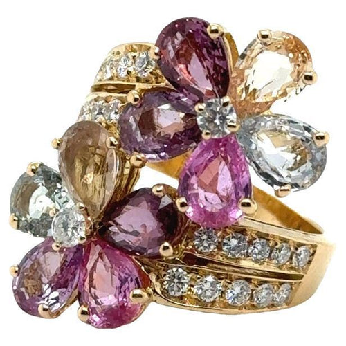Bulgari Fancy Color Sapphire & Diamond 18k Yellow Gold Flower Cocktail Ring