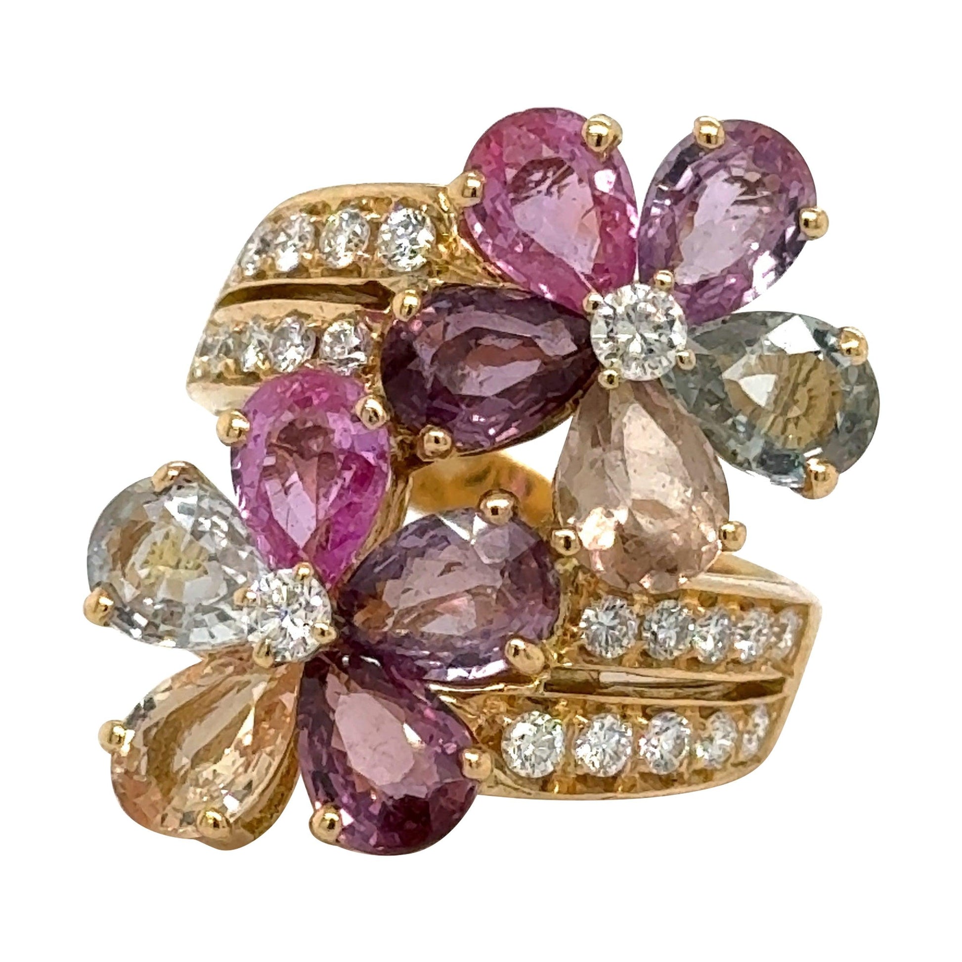 Bulgari Fancy Color Sapphire & Diamond 18k Yellow Gold Flower Cocktail Ring