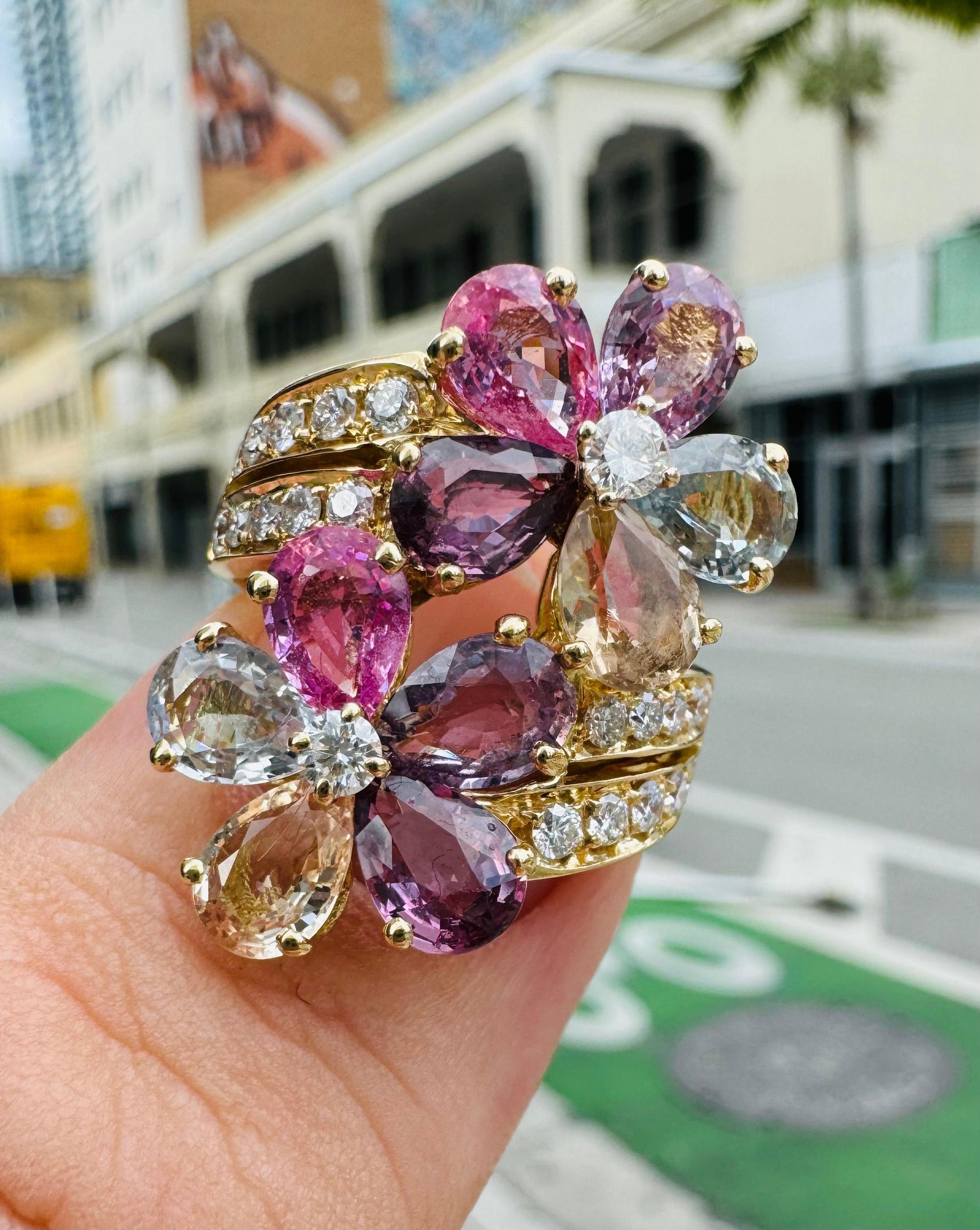 Bulgari Fancy Color Sapphire & Diamond 18k Yellow Gold Flower Cocktail Ring