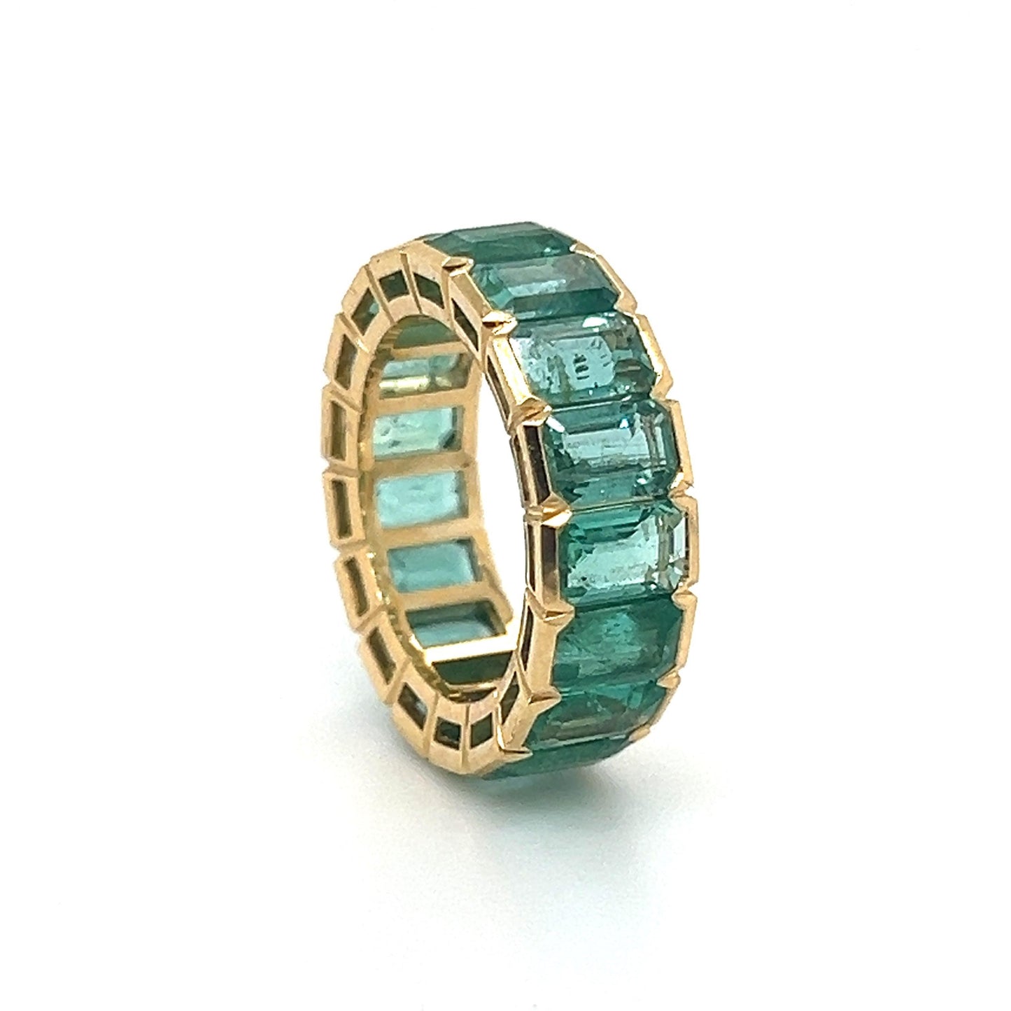 Colombian Emerald Gemstone 9.35 Carat Bezel Set Eternity Ring 18k Yellow Gold