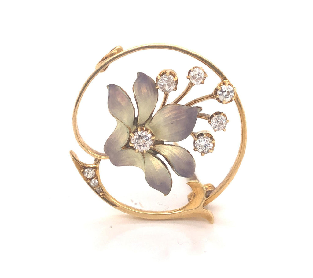 Edwardian Enamel Orchid Diamond Floral Brooch Yellow Gold