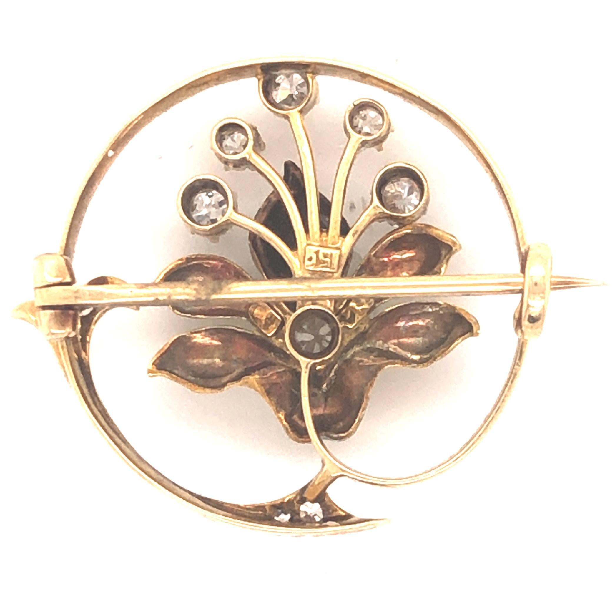 Edwardian Enamel Orchid Diamond Floral Brooch Yellow Gold