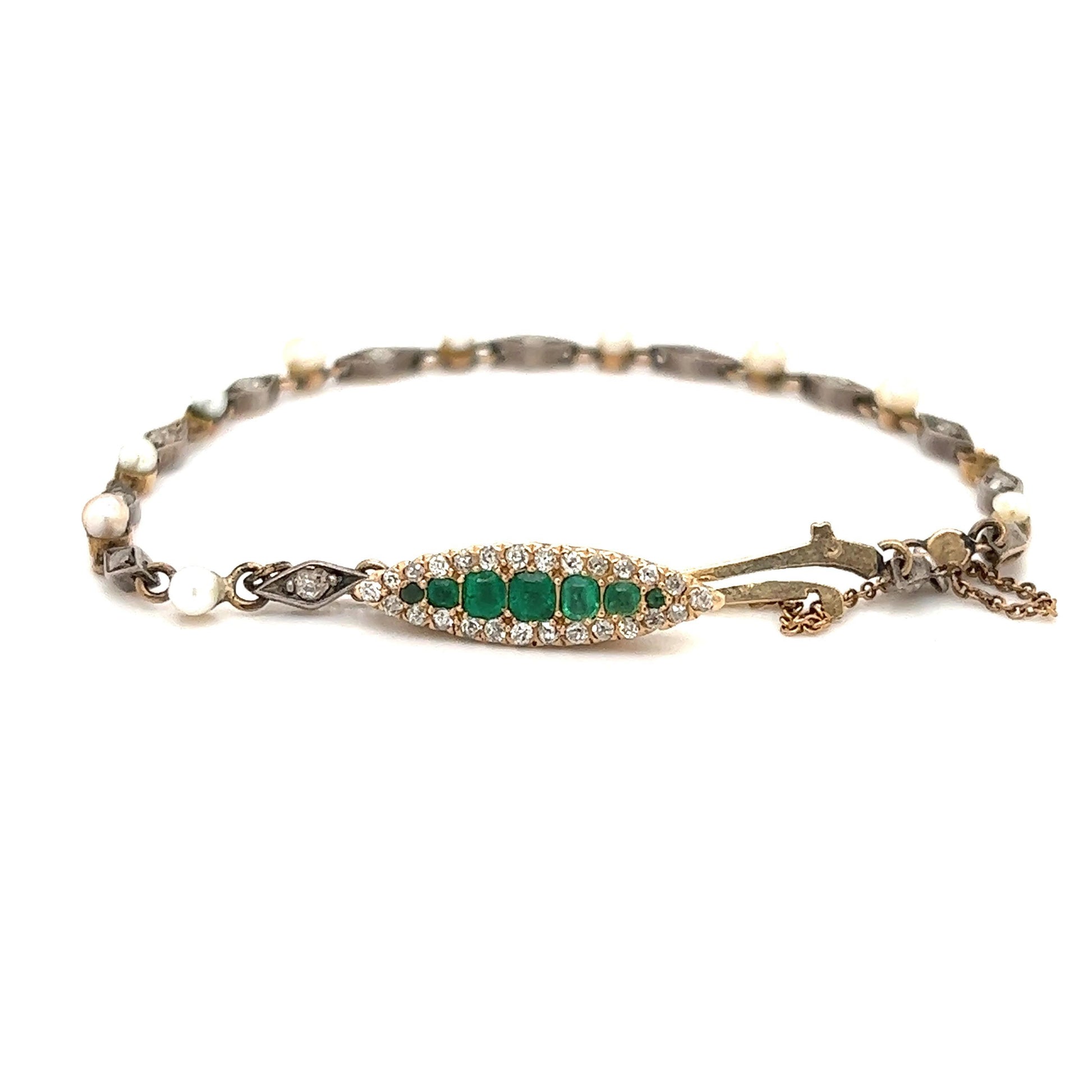 Edwardian Era Emerald Gemstone Navette Bracelet with Diamonds & Pearls