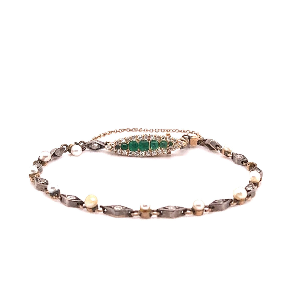 Edwardian Era Emerald Gemstone Navette Bracelet with Diamonds & Pearls