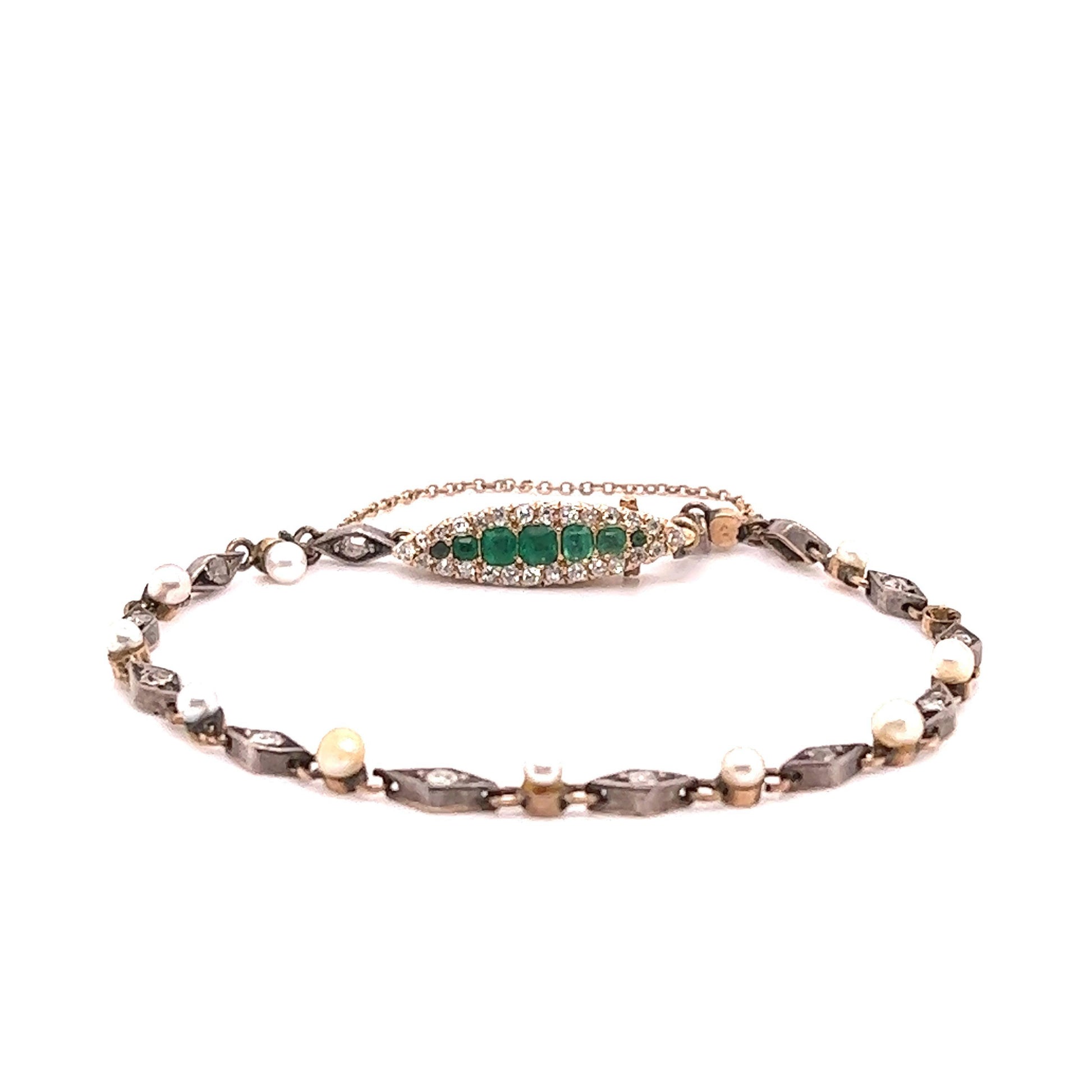 Edwardian Era Emerald Gemstone Navette Bracelet with Diamonds & Pearls