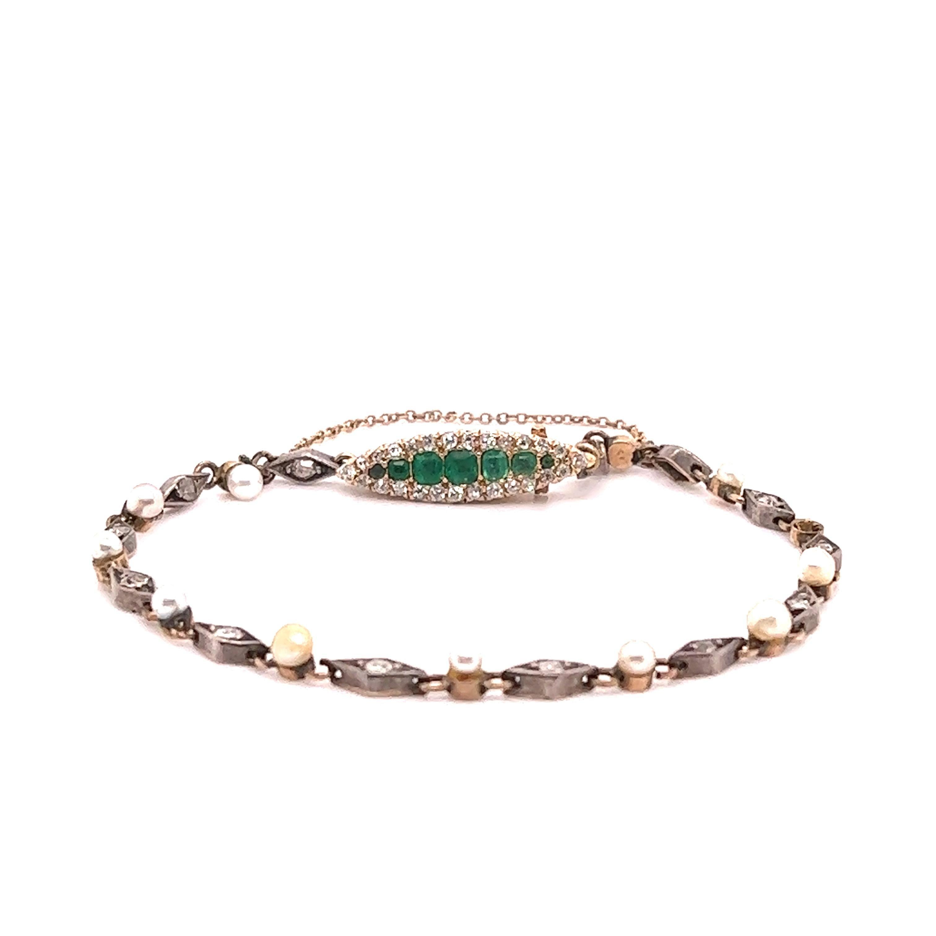 Edwardian Era Emerald Gemstone Navette Bracelet with Diamonds & Pearls