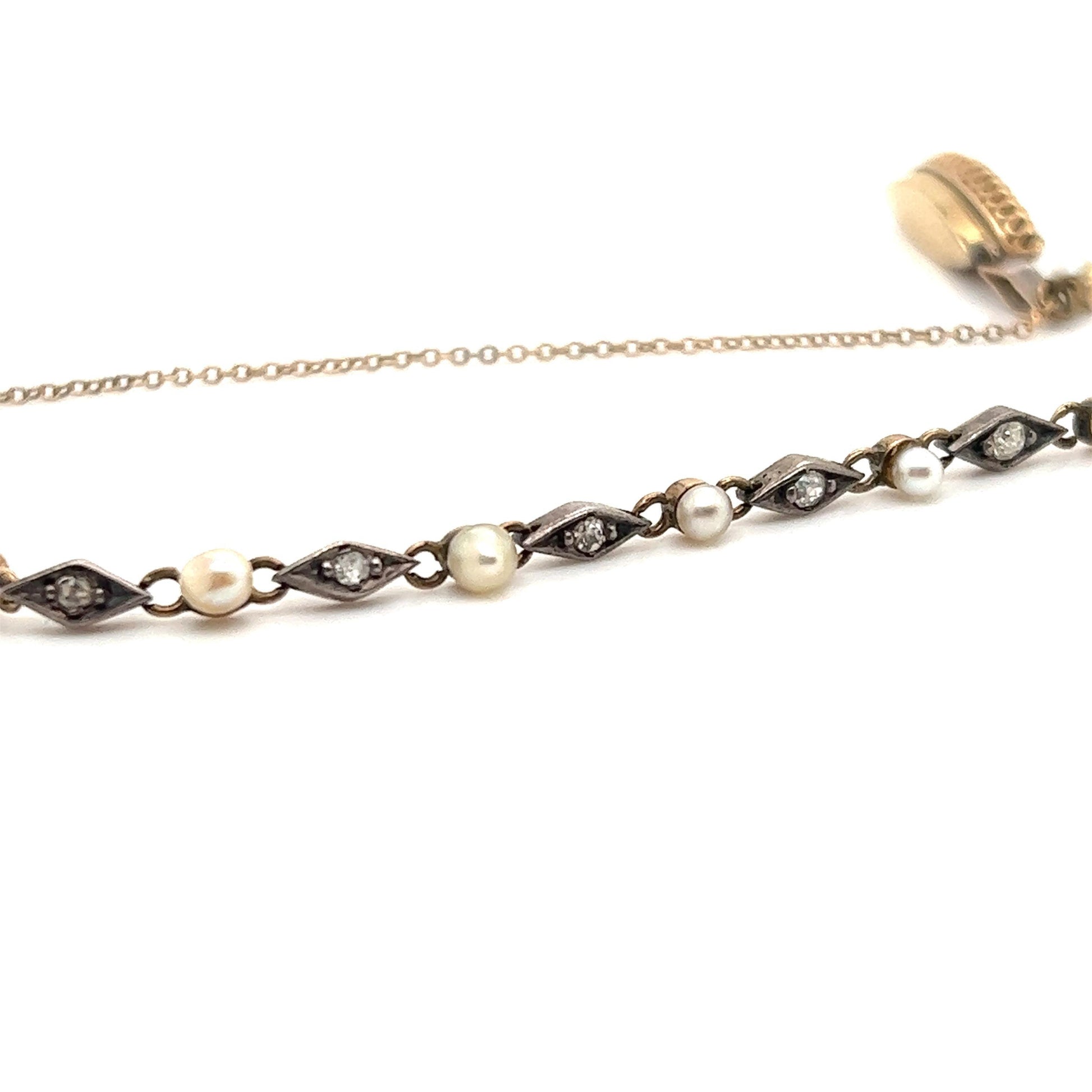Edwardian Era Emerald Gemstone Navette Bracelet with Diamonds & Pearls
