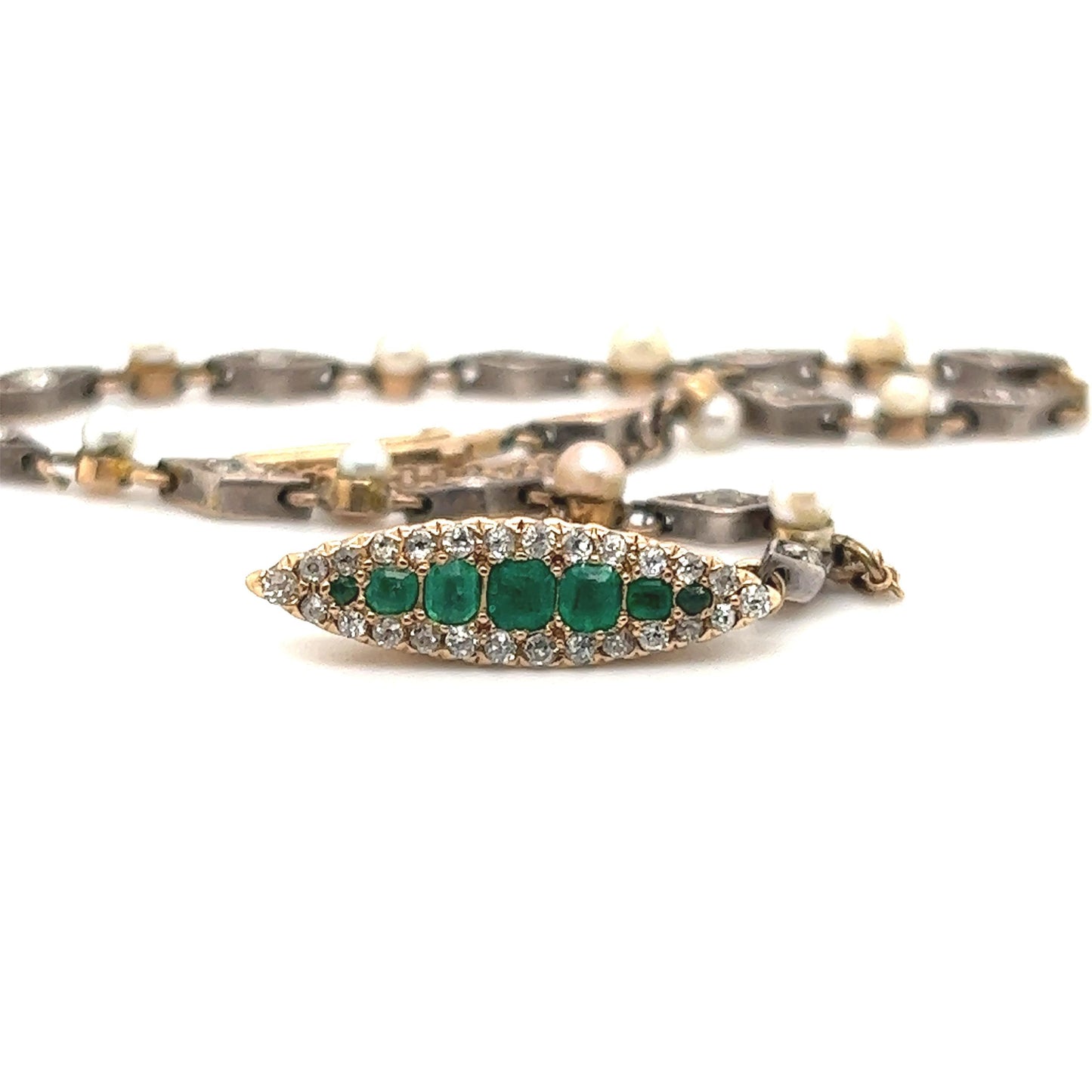 Edwardian Era Emerald Gemstone Navette Bracelet with Diamonds & Pearls
