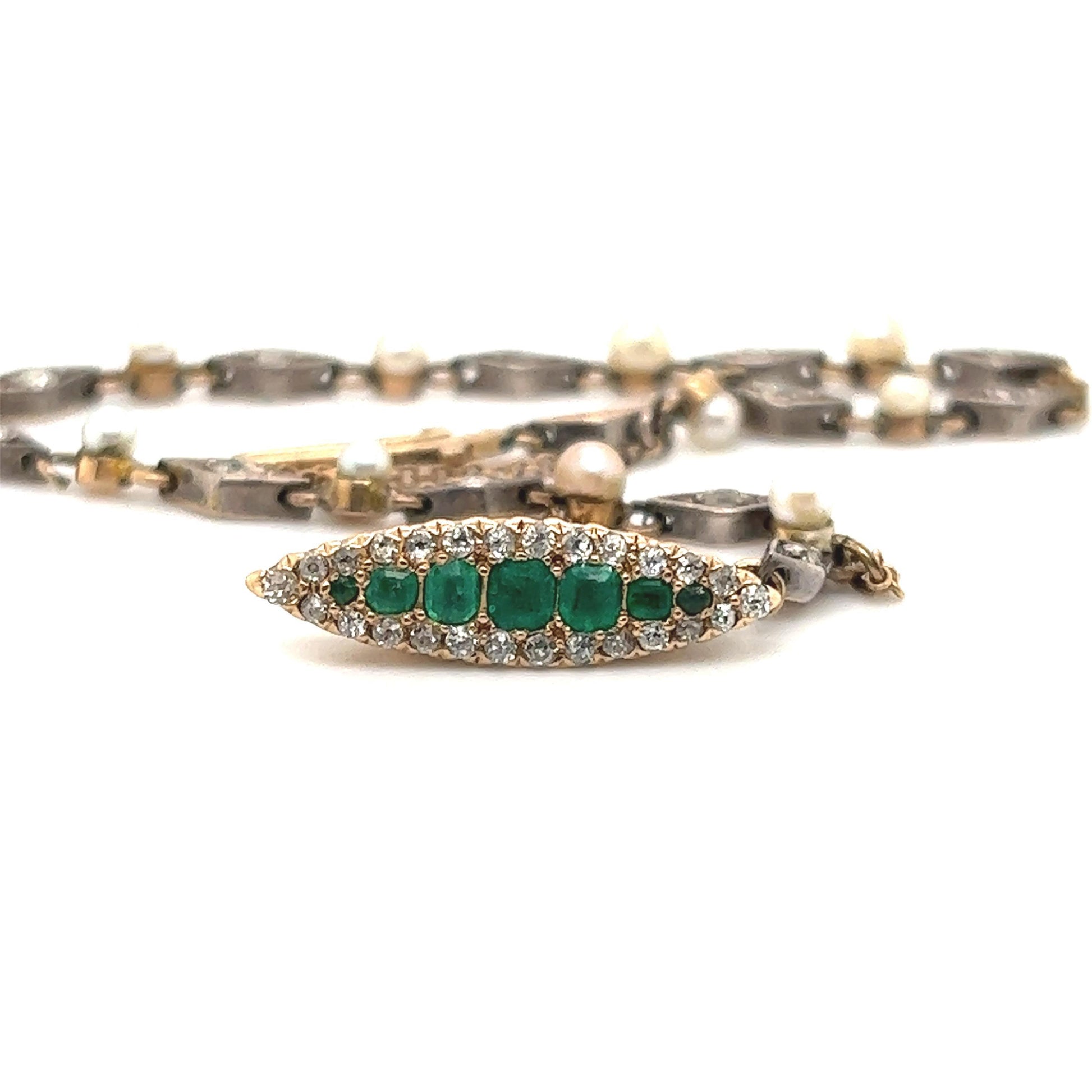 Edwardian Era Emerald Gemstone Navette Bracelet with Diamonds & Pearls