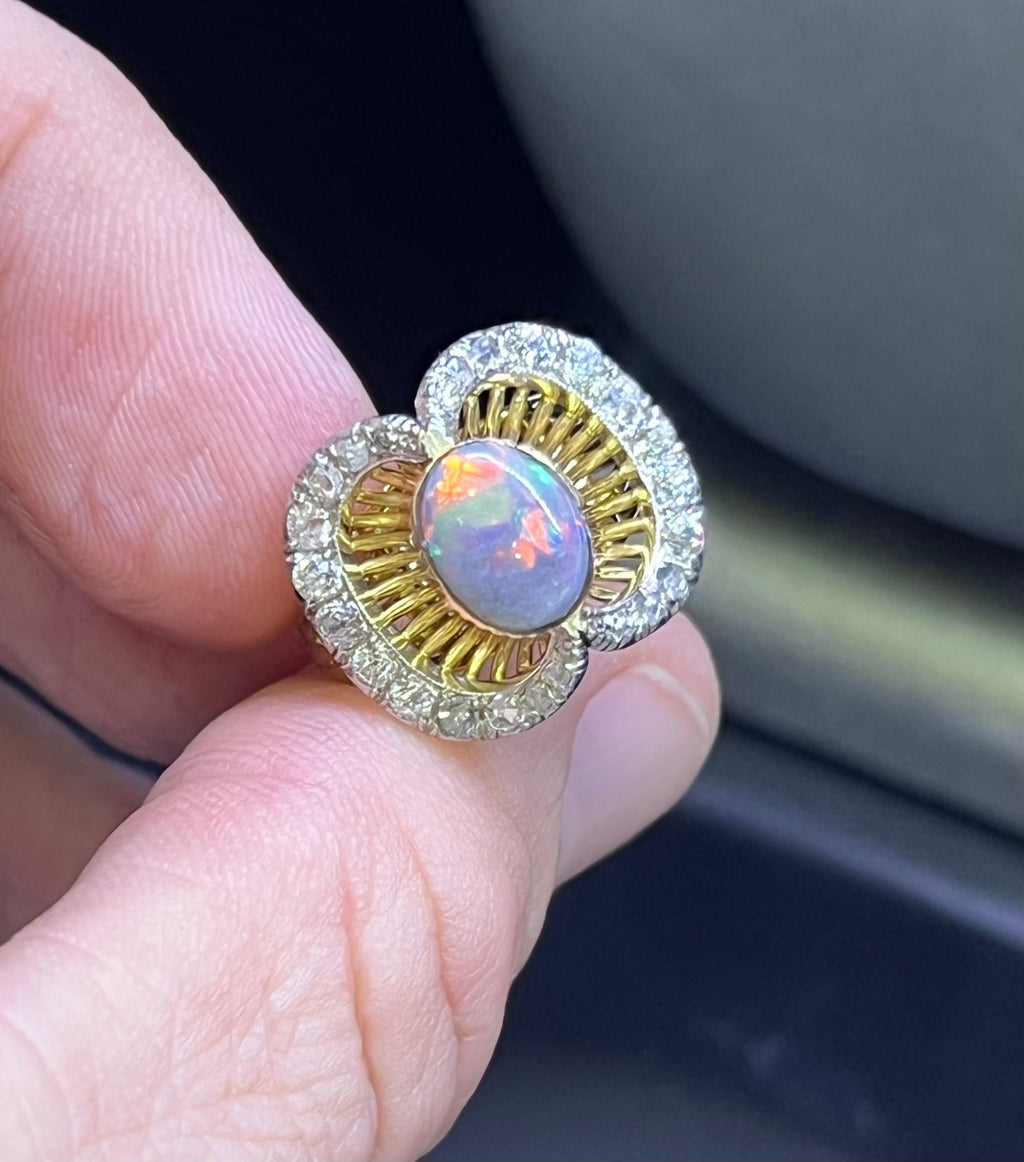 Edwardian French Black Opal & Diamond 18k Yellow Gold & Platinum Ring