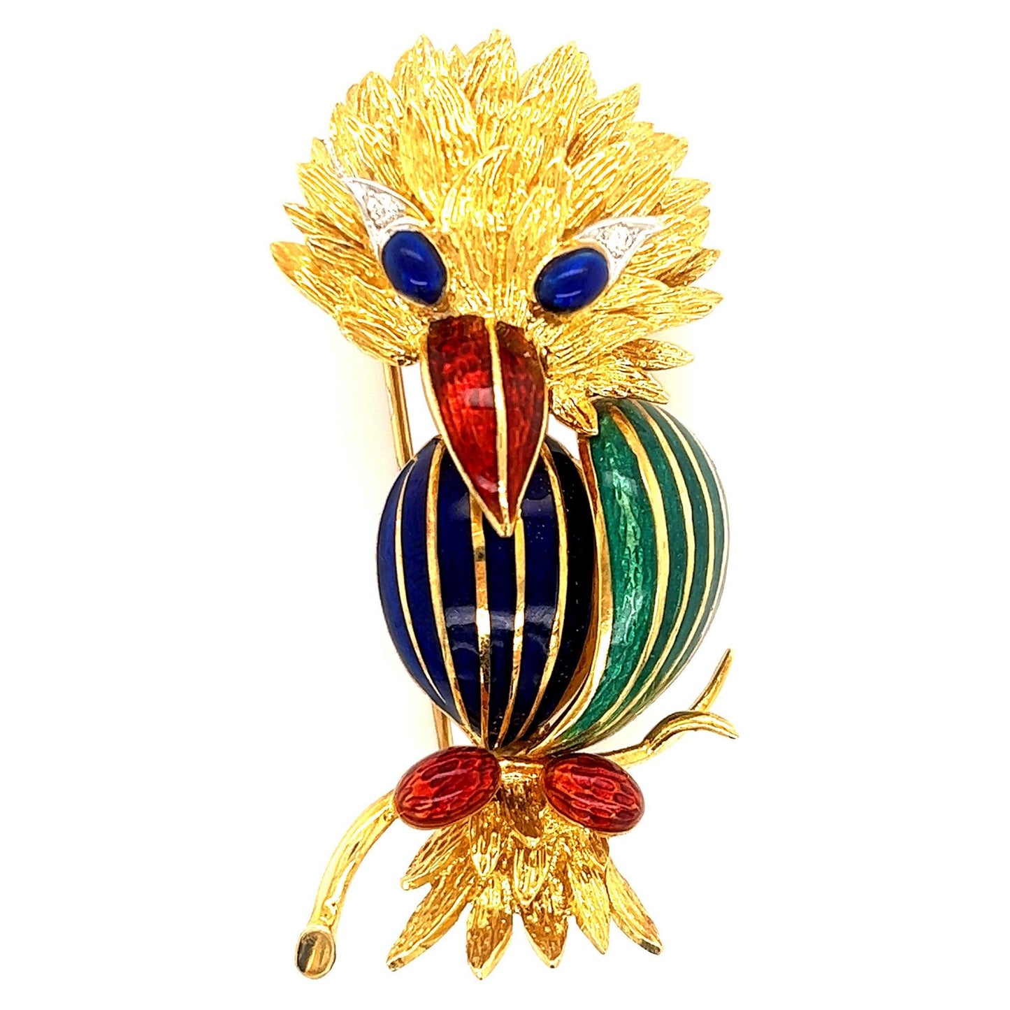 Estate Enamel Bird Brooch 18k Yellow Gold