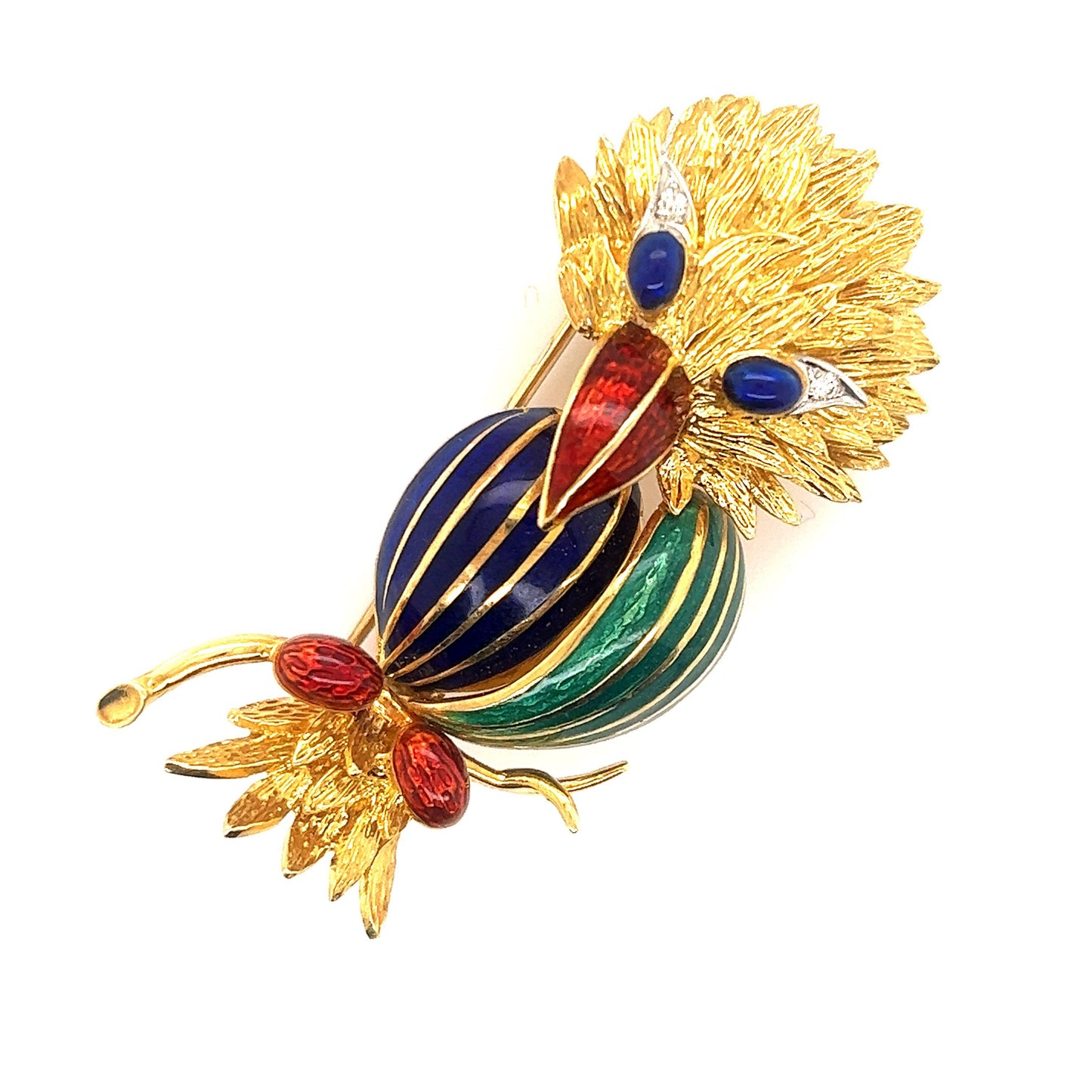 Estate Enamel Bird Brooch 18k Yellow Gold