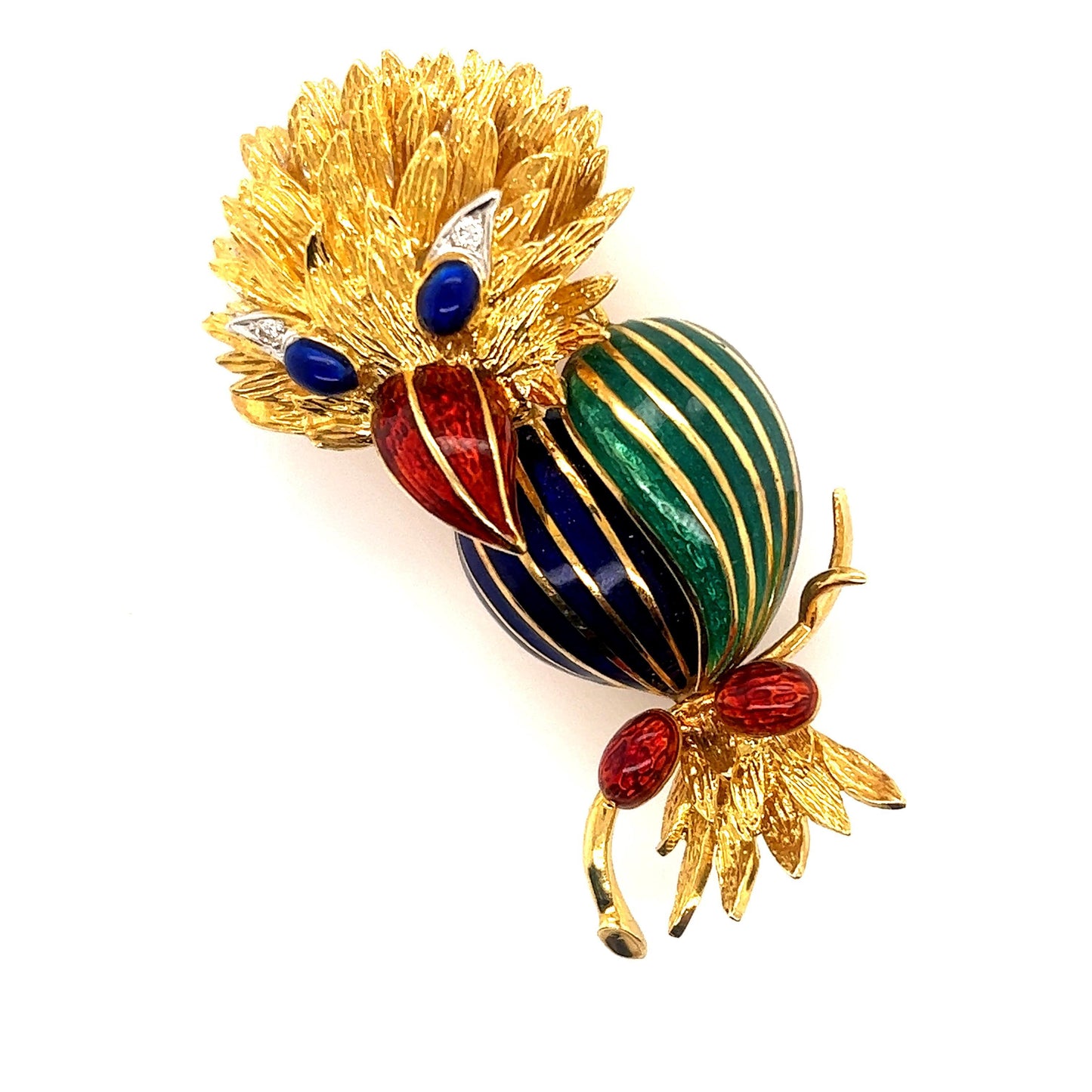 Estate Enamel Bird Brooch 18k Yellow Gold