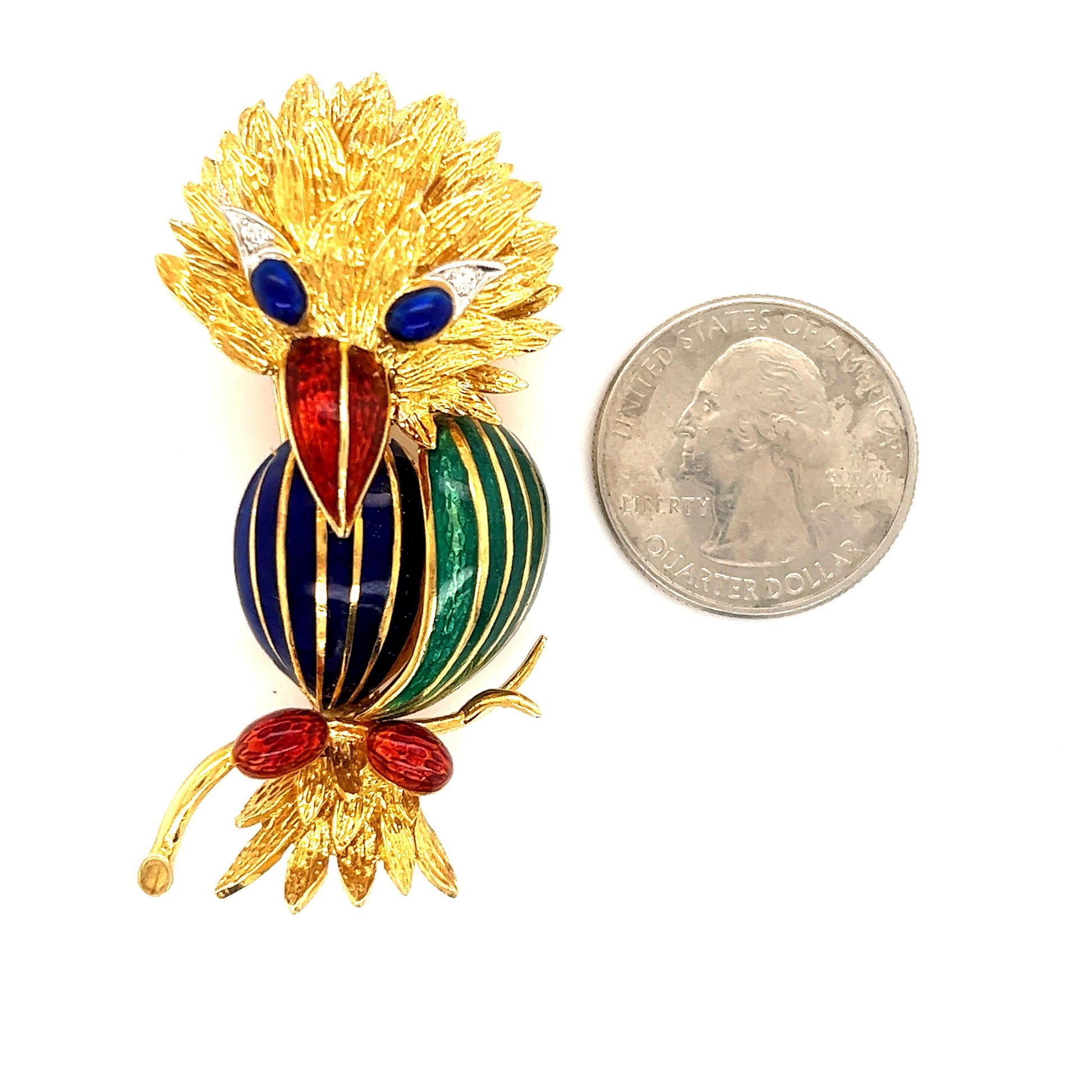 Estate Enamel Bird Brooch 18k Yellow Gold