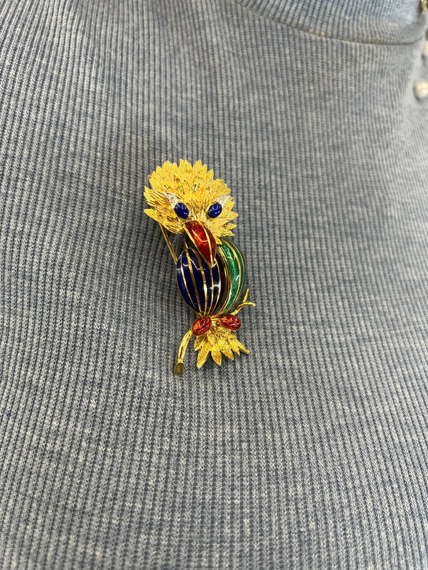 Estate Enamel Bird Brooch 18k Yellow Gold