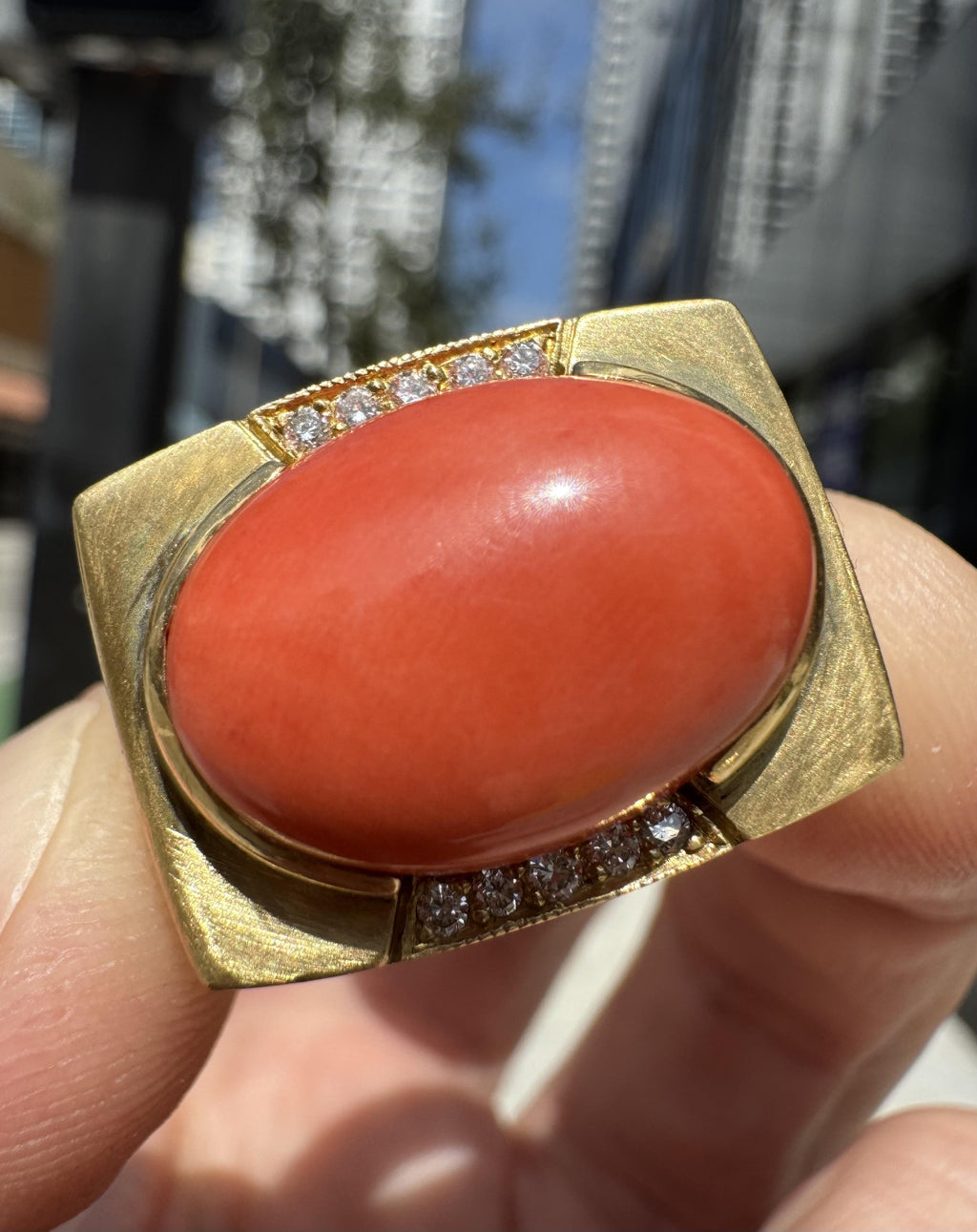 Estate Coral & Diamond 18k Yellow Gold Statement Ring