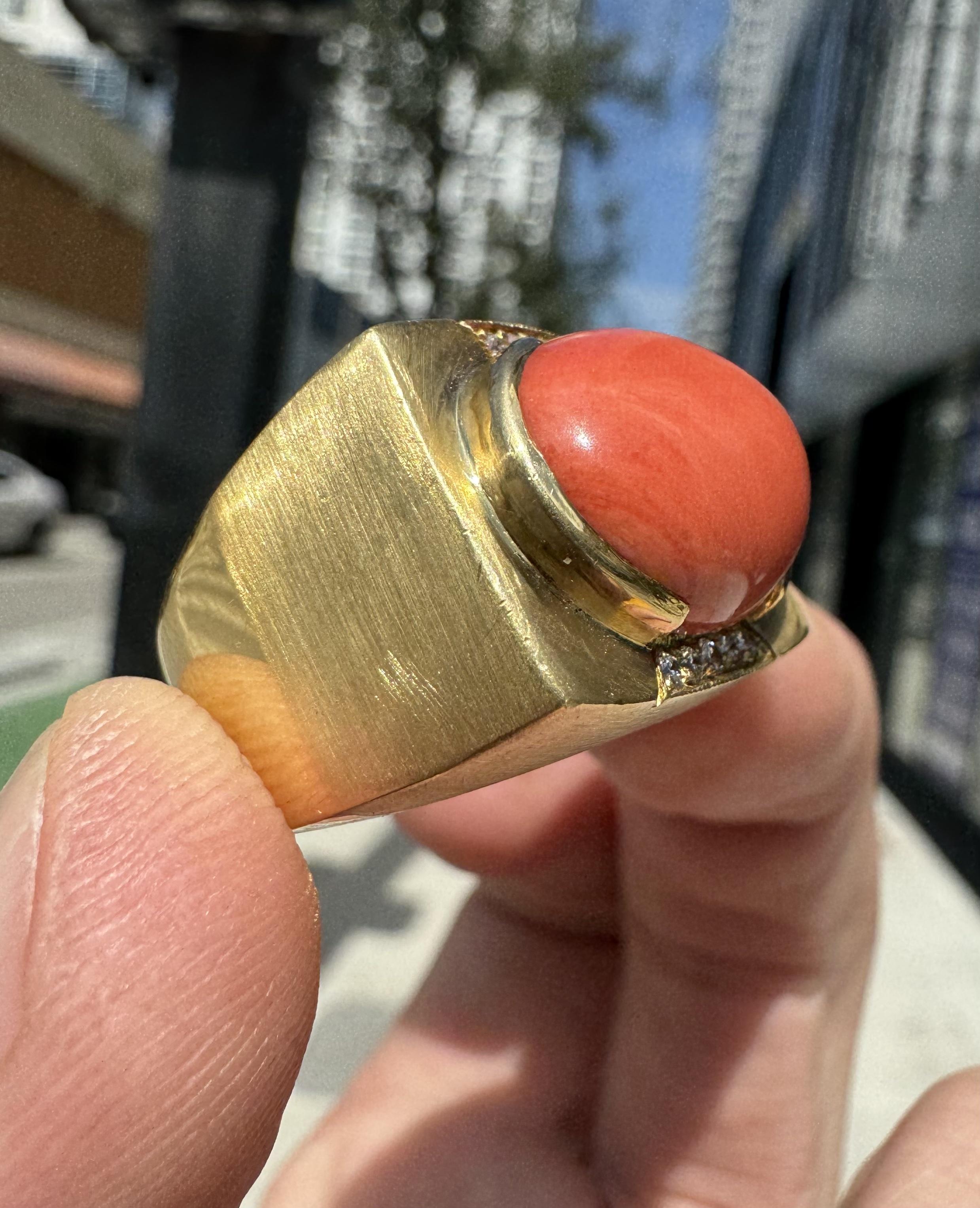Estate Coral & Diamond 18k Yellow Gold Statement Ring