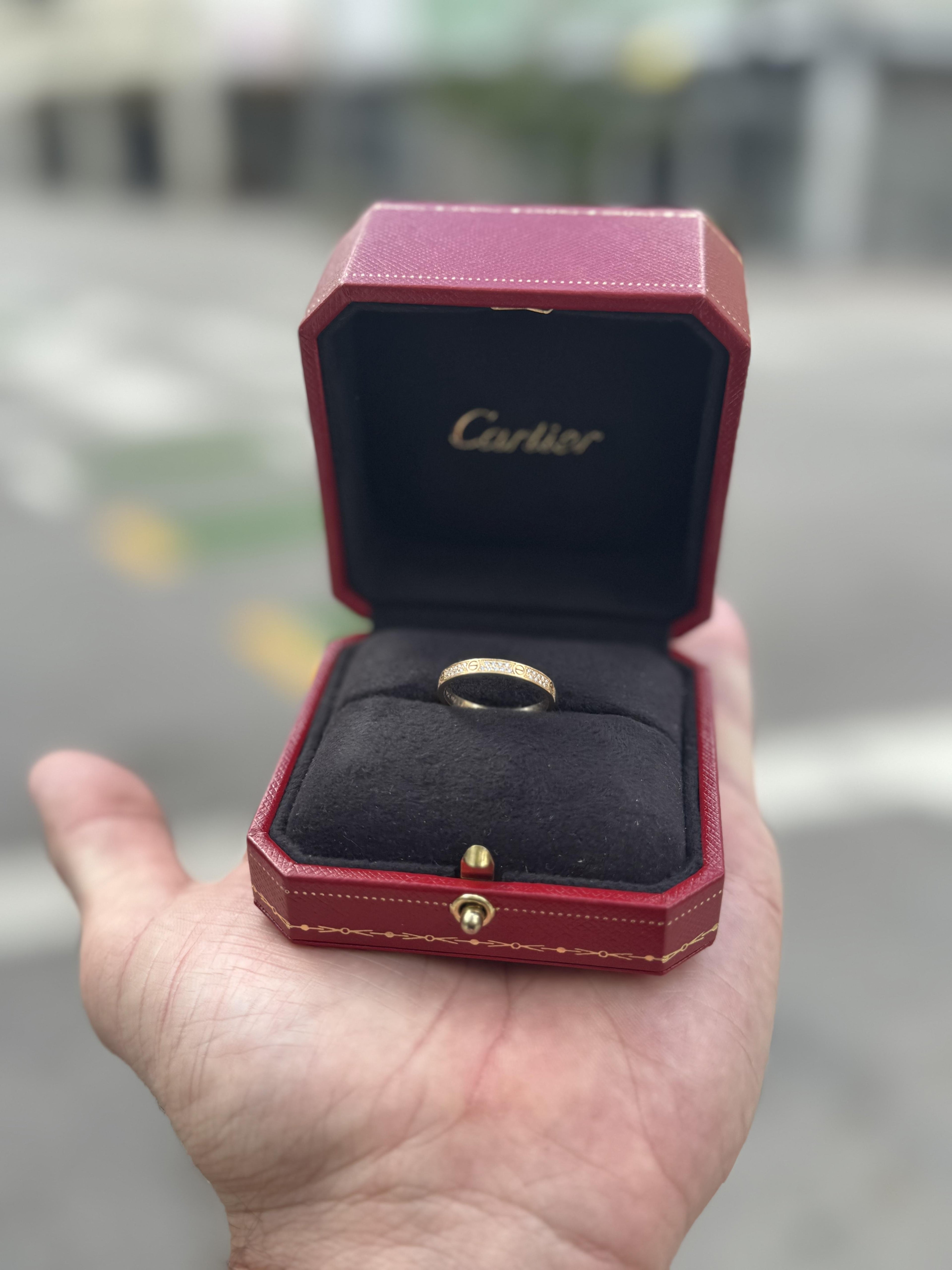 Cartier Love Ring Yellow Gold Mini Model Full Pave Diamond Size 55