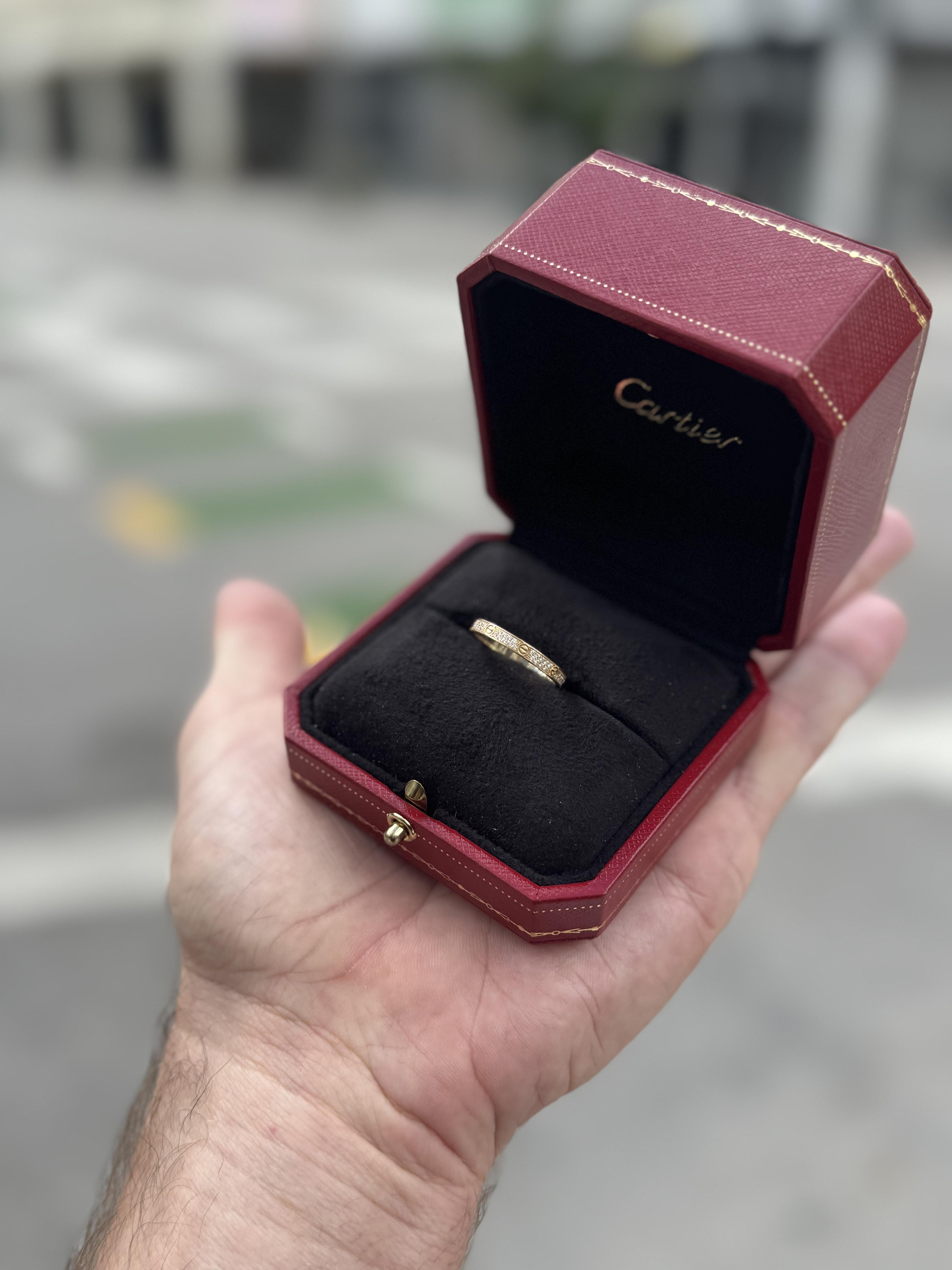 Cartier Love Ring Yellow Gold Mini Model Full Pave Diamond Size 55