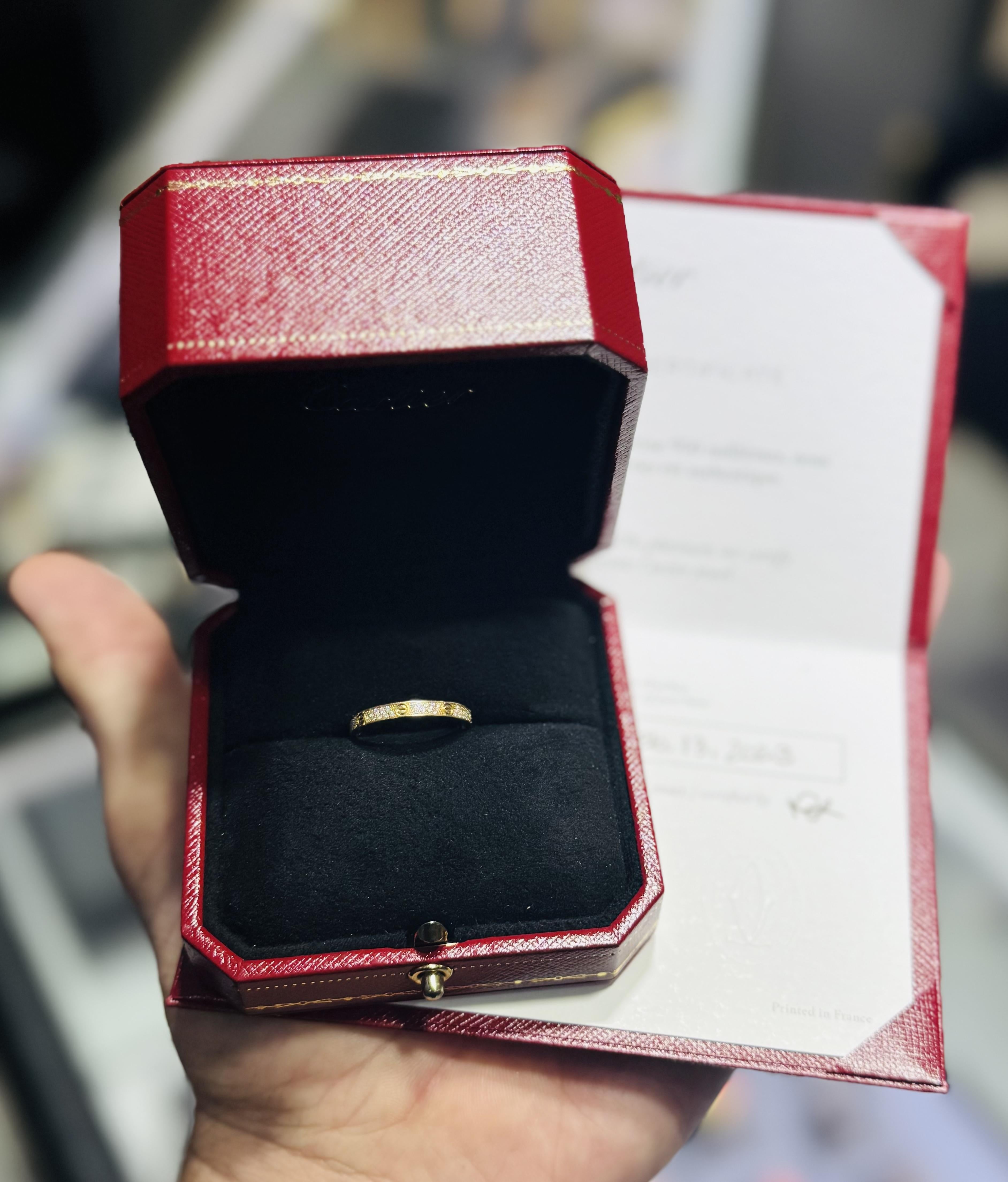 Cartier Love Ring Yellow Gold Mini Model Full Pave Diamond Size 55