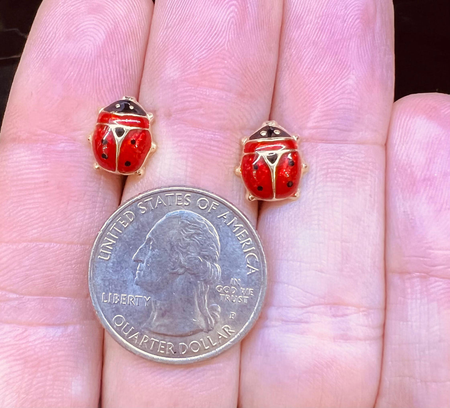 Italian Made Enamel Lady Bug Stud Earrings 14k