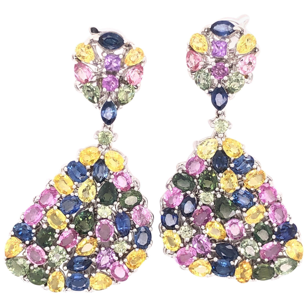 Multi-Color Sapphire Gemstone Dangle Earrings 18 Karat White Gold