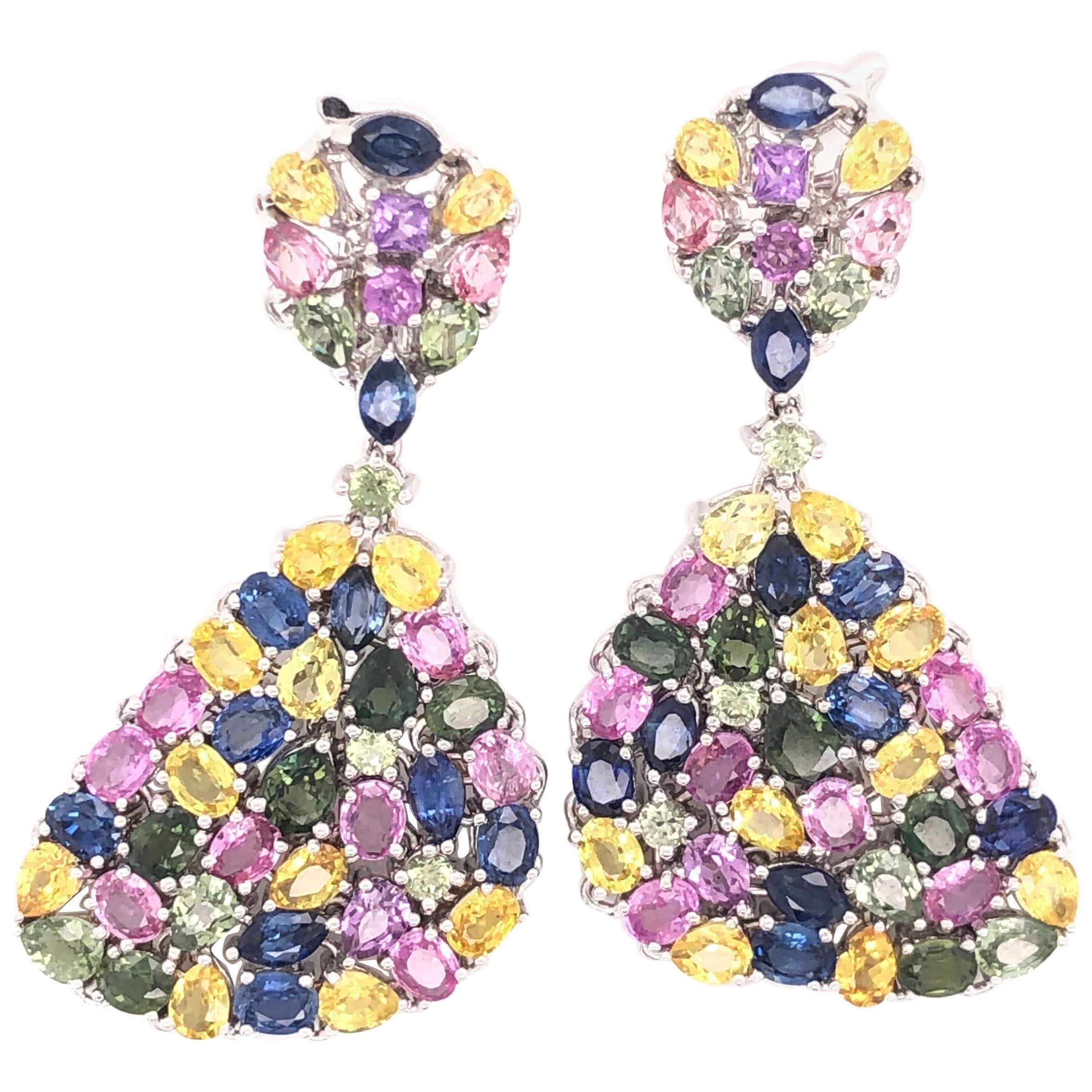Multi-Color Sapphire Gemstone Dangle Earrings 18 Karat White Gold