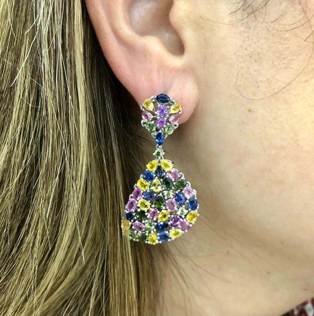 Multi-Color Sapphire Gemstone Dangle Earrings 18 Karat White Gold