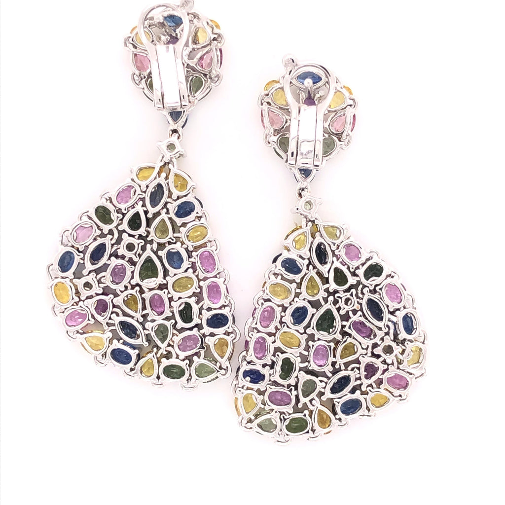 Multi-Color Sapphire Gemstone Dangle Earrings 18 Karat White Gold