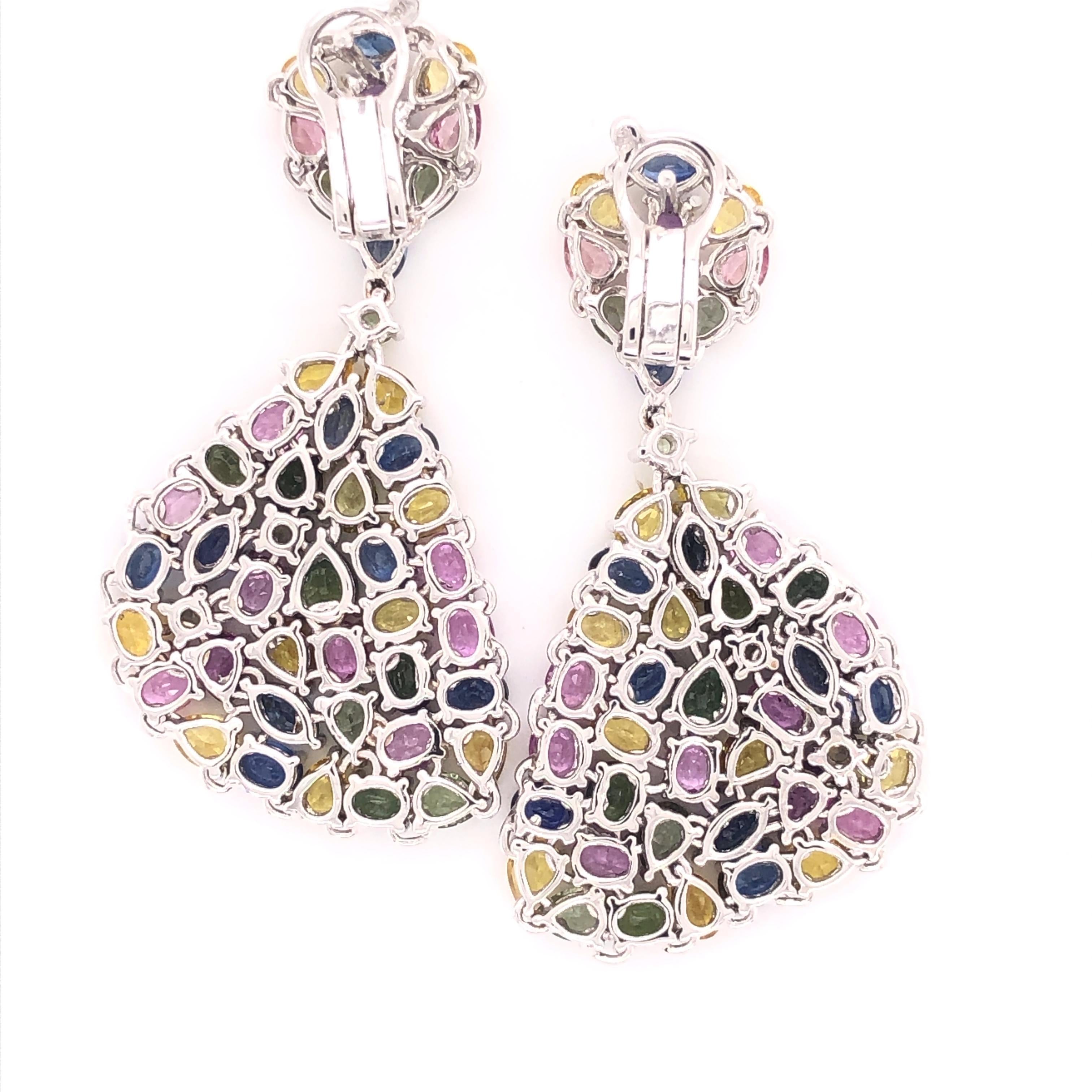 Multi-Color Sapphire Gemstone Dangle Earrings 18 Karat White Gold