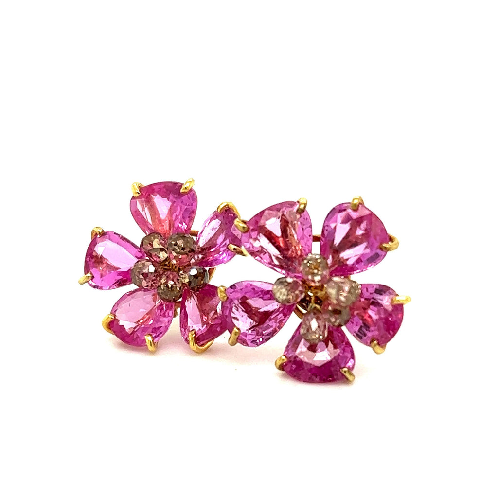Pink Sapphire & Diamond Floral Earrings 18k Yellow Gold